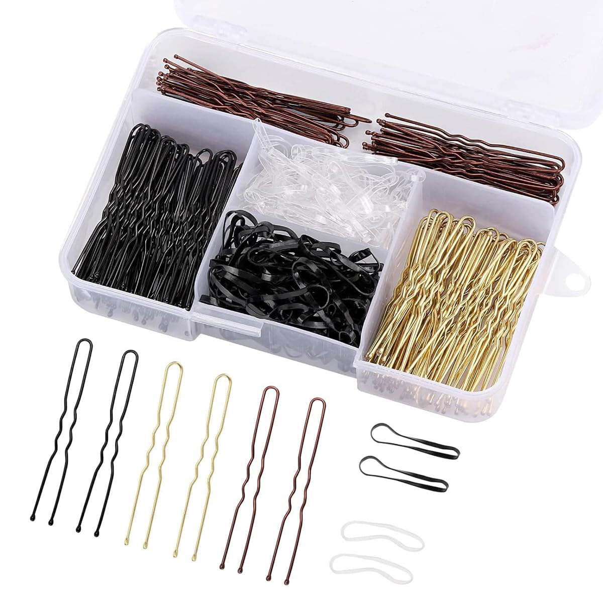 MAYCREATE® Hair Pin Kit with Storage Box - 3 Color Metal U Pins 150PCS (50 Each) & Single Use Hair Elastics 100PCS (Black 50 & Clear 50) for Women and Girls Hairstyling Accessories