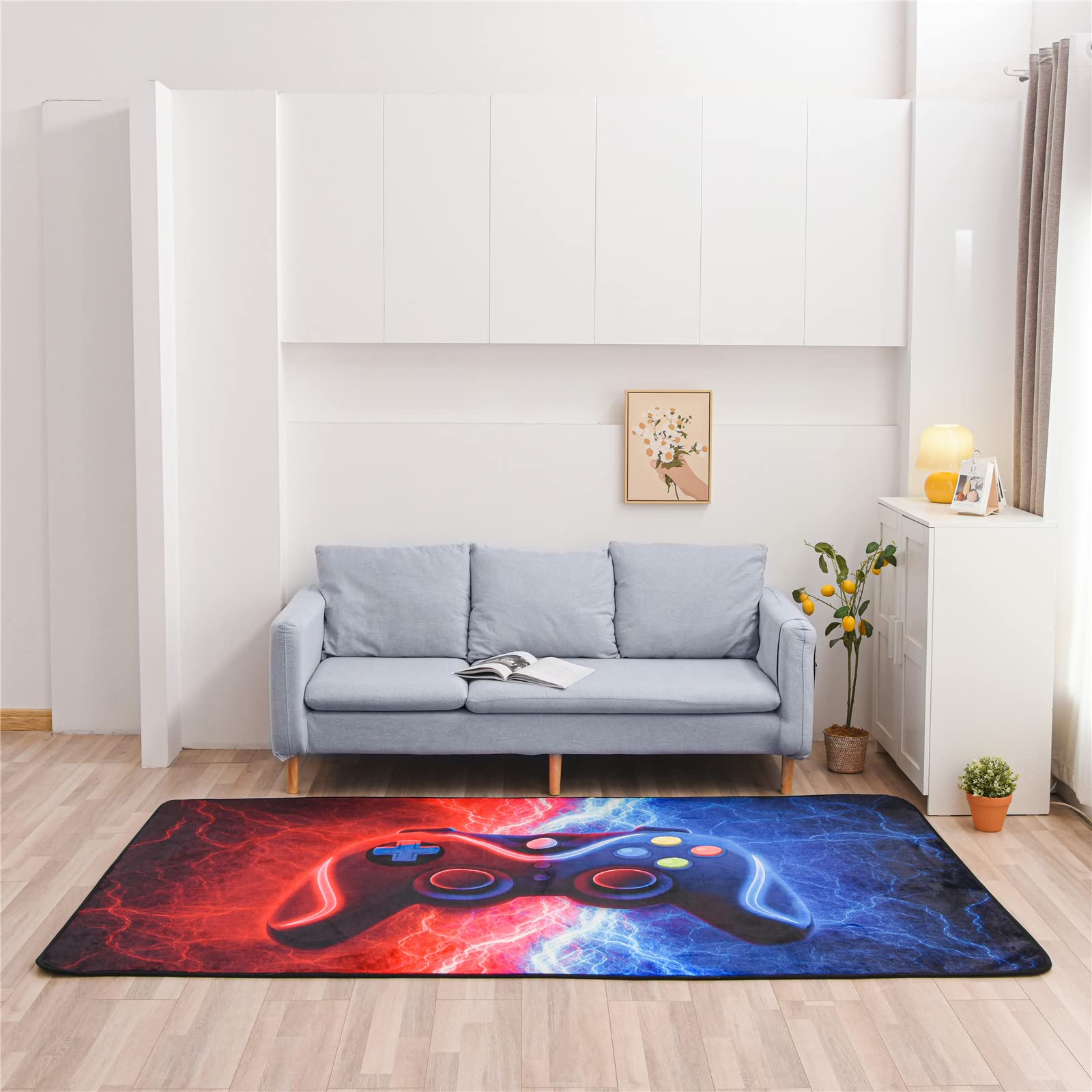 Meeting Story Gamer Gaming Area Rug Tie Dye Lightnings Gamepad Rug Games Console Action Buttons Print Carpet Indoor Floor Sofa Rugs for Kids Bedroom Living Room Game Room Decor(Red-Blue,5×8 Feet)