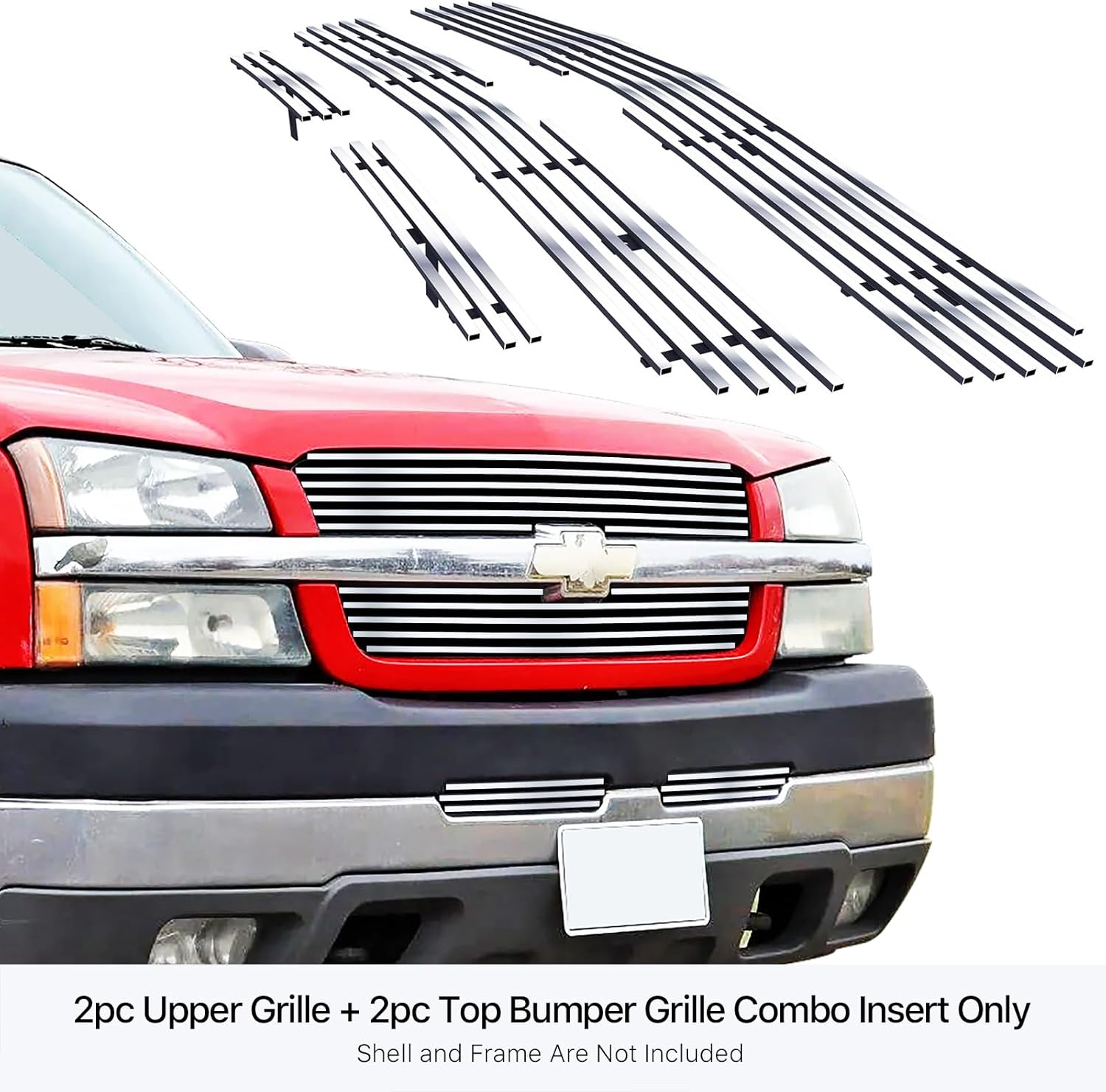 APS Compatible with 2003 2004 2005 Chevy Silverado 1500 HD & 03-04 2500 2500HD 3500 & 02-06 Avalanche Main Upper Top Bumper Stainless Steel Chrome Billet Front Grill Grille Insert Combo C67675A