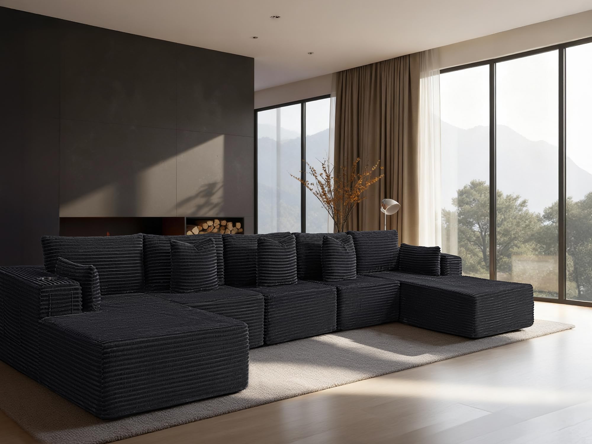 168" Cloud Sectional Couch, Comfort U Shaped Sofa for Living Room, Extra Deep Seats No Assembly, Minimalist Modular Couch, Corduroy (Black, 7 Seats,U-Shape C)