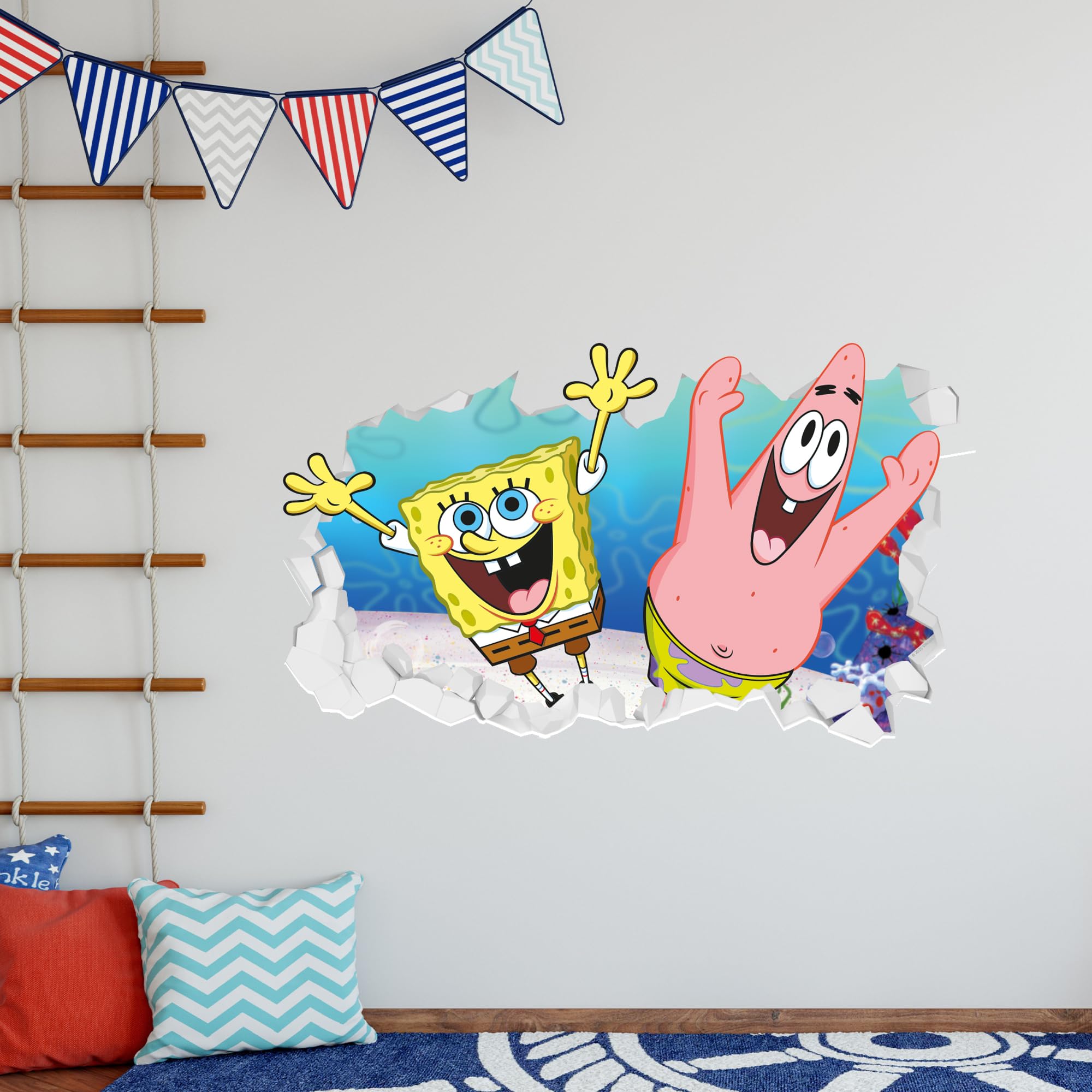 Spongebob Wall Sticker - Spongebob and Patrick Jumping Through Broken Wall Art (60cm Width x 35cm Height)