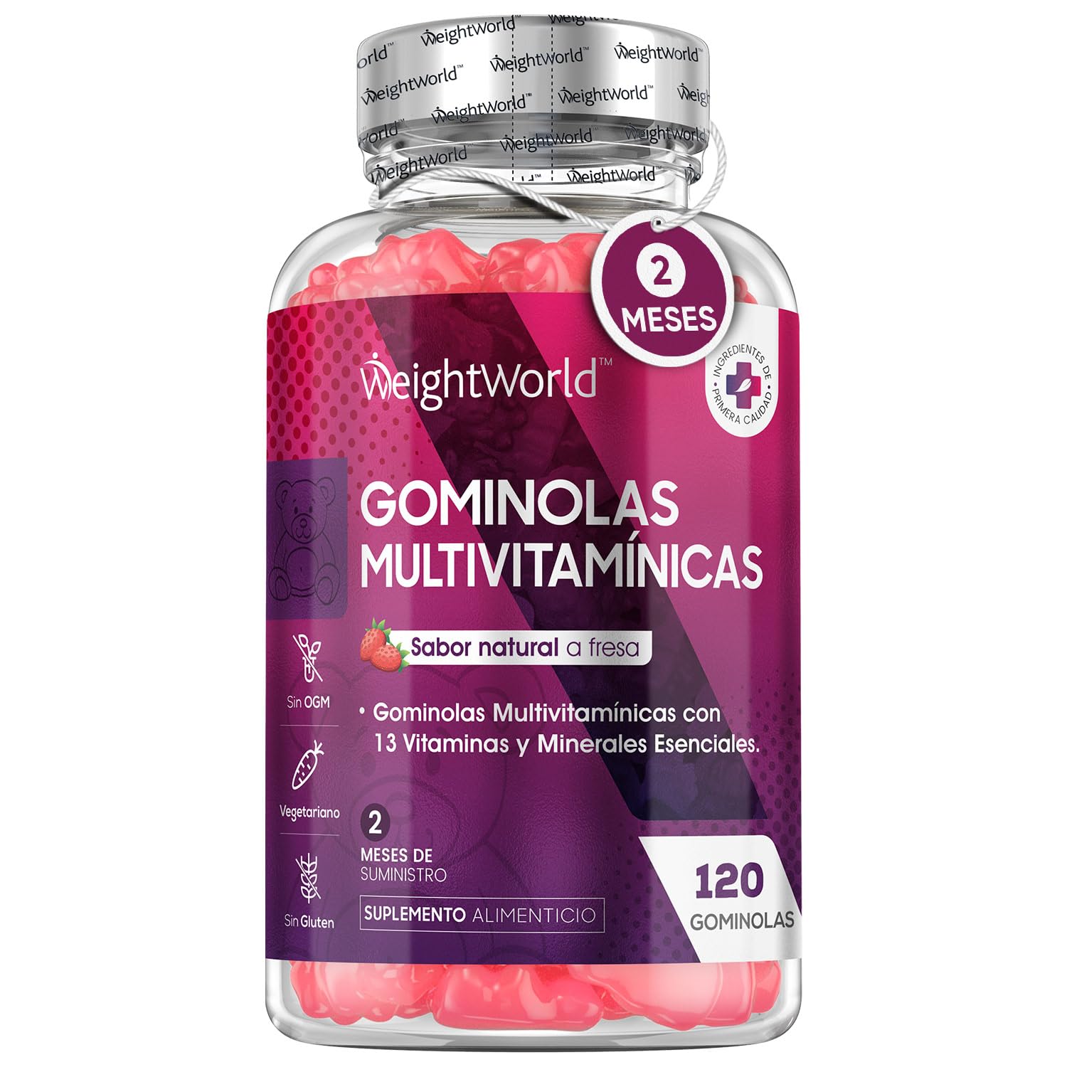 Gominolas Multivitaminas y Minerales, 120 Gummies (Sabor Fresa) - 13 Vitaminas y Minerales como Vitamina D3, C, B6, B12, E, Biotina, Zinc y Ácido Fólico, para 2 meses, Sin Gluten