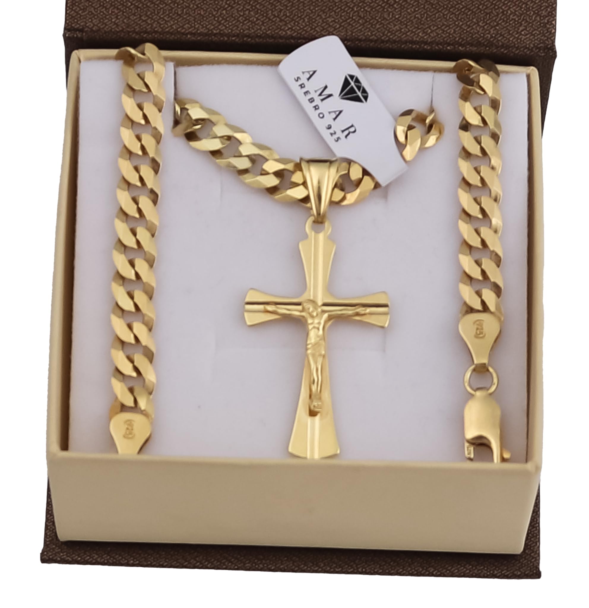 AMAR goldketten herren kreuz 585, Kette Herren 925/585 - goldkette 585 massiv Kreuzkette - Halskette, dicke 6,5 mm Panzerung, vergoldetes Silber