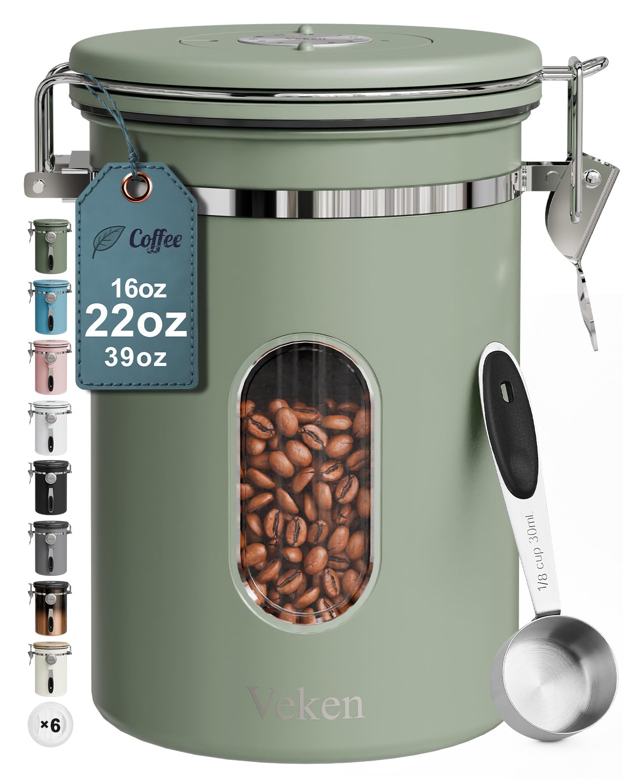 veken coffee canister with window, easter gifts airtight stainless steel container with lids, home kitchen food storage jars for grounds, beans, tea, flour, cereal, sugar, basket, scoop, 22oz, green