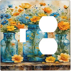Decorative Outlet Covers Rustic Yellow Flowers Floral Blue Bottles 2 Gang Wall Plate Cover Single Toggle Duplex Combo Two Switch Light Switch Cover Plate Jumbo Dual GFCI Faceplate