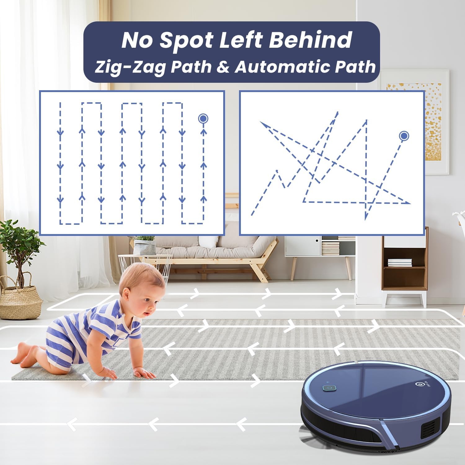 Diagram showing the Zig-Zag Path and Automatic Path cleaning patterns of the OKP K7 Robot Vacuum Cleaner.