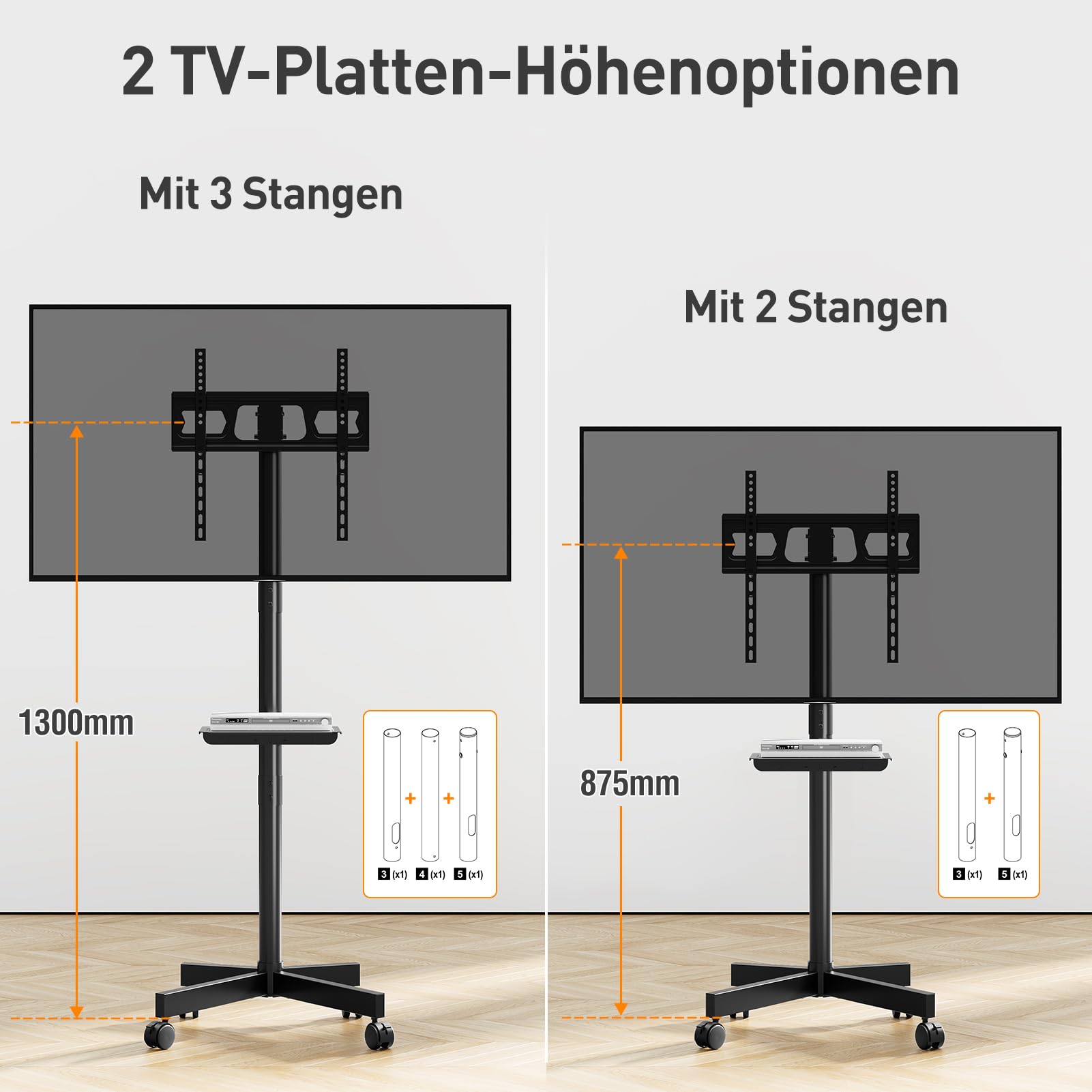 ELIVED TV Ständer Rollbar für 26-60 Zoll Fernseher bis zu 25kg, Max VESA 400x400mm, Mobiler TV Stand mit Rollen Höhenverstellbar Fernseher Bodenständer EV1117