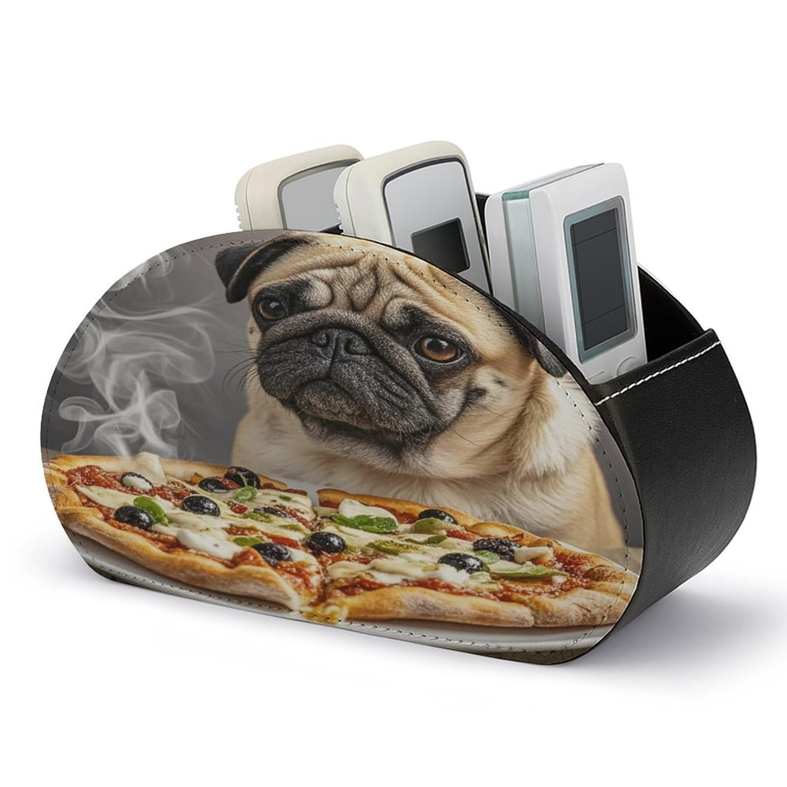 FekiLoot Leather TV Remote Control Holder with 5 Compartments Multifunctional TV Remote Holder Bedside Table Remote Caddy Storage Box Pug Pizza Remote Organizer for Home Office