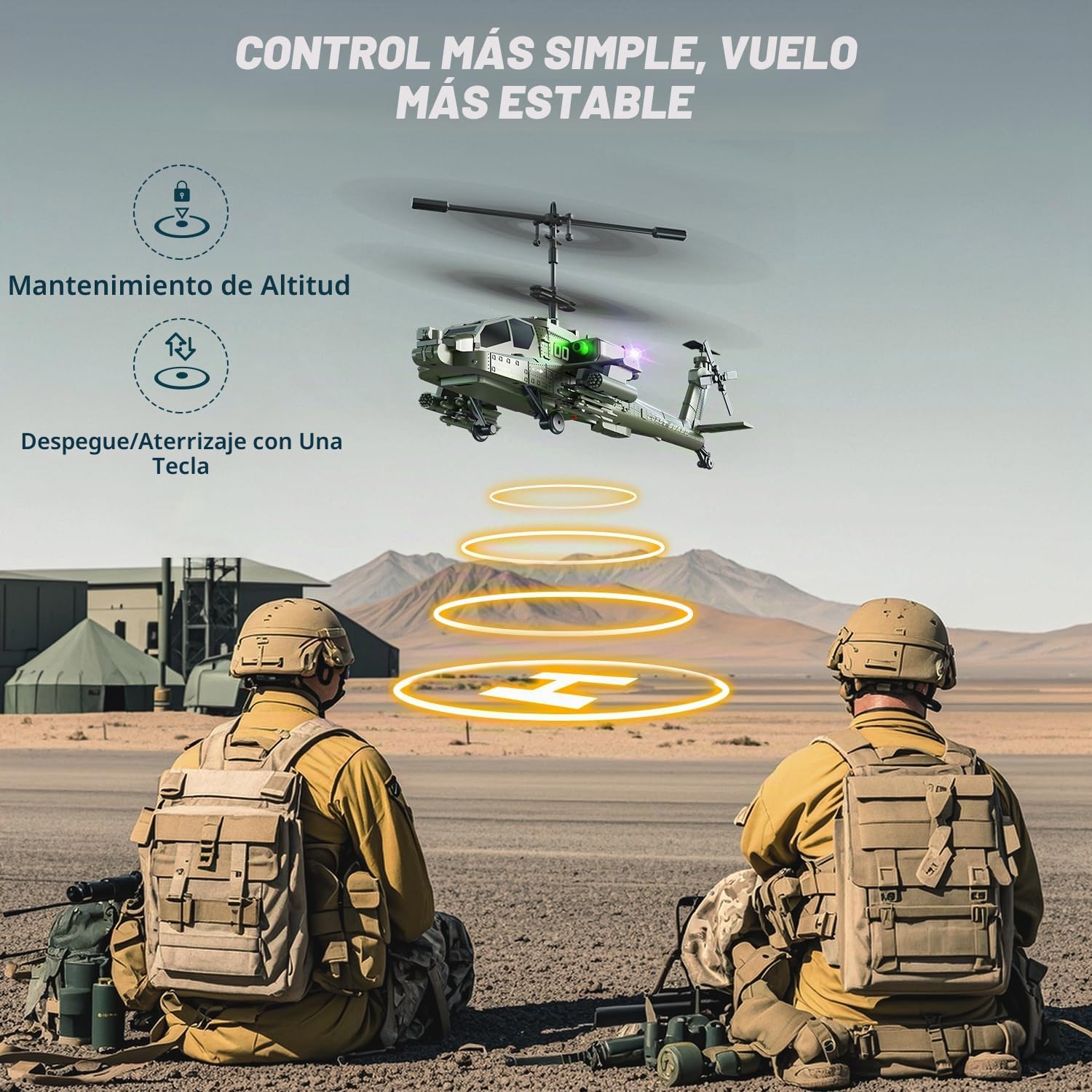 VATOS Helicóptero teledirigido 2.4G con 2 baterías y luz LED con despegue con un solo botón, serie militar de juguetes helicóptero RC para niños o principiantes de edades comprendidas entre 14 y más