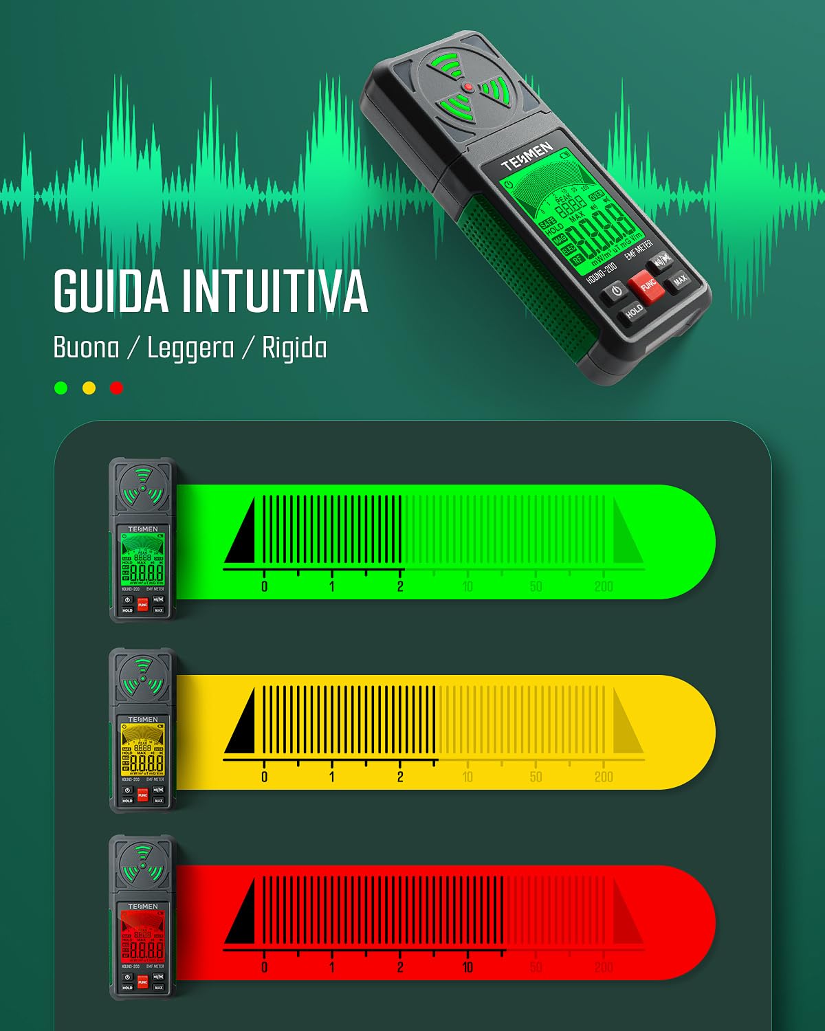 TESMEN Hound-200 Misuratore EMF, Rilevatore di Radiazioni del Campo Elettromagnetico Portatile 3-in-1 per EF RF MF, utilizzato per ispezioni EMF domestiche ed esterne e caccia ai fantasmi - Verde