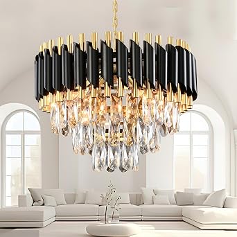 AHXIAOZN Modern Crystal Black Chandelier, 3-Tier Crystal Chandelier Light Fixture, Round Pendant Light, Raindrop Flush Mount Ceiling Light for Bedroom Living Room, E14x5 Bulb Ø40cm [Energy Class F]