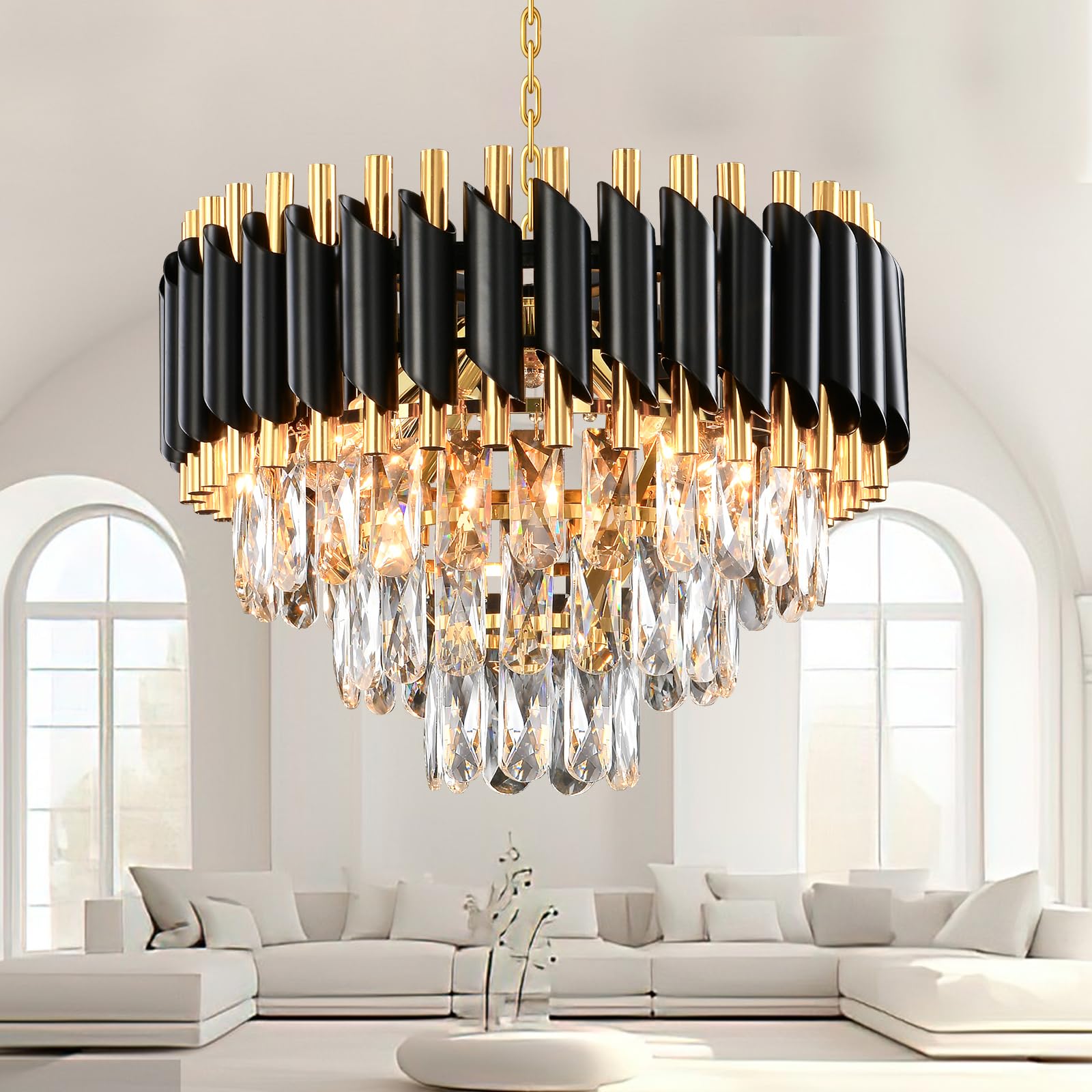 Lámpara de Araña de Cristal Moderna, Negro y Dorado Ronda de cristal colgante de iluminación, 3-Tier Raindrop Chandelier Light Fixture para la sala de estar, comedor, dormitorio, E14 x 5, D40cm