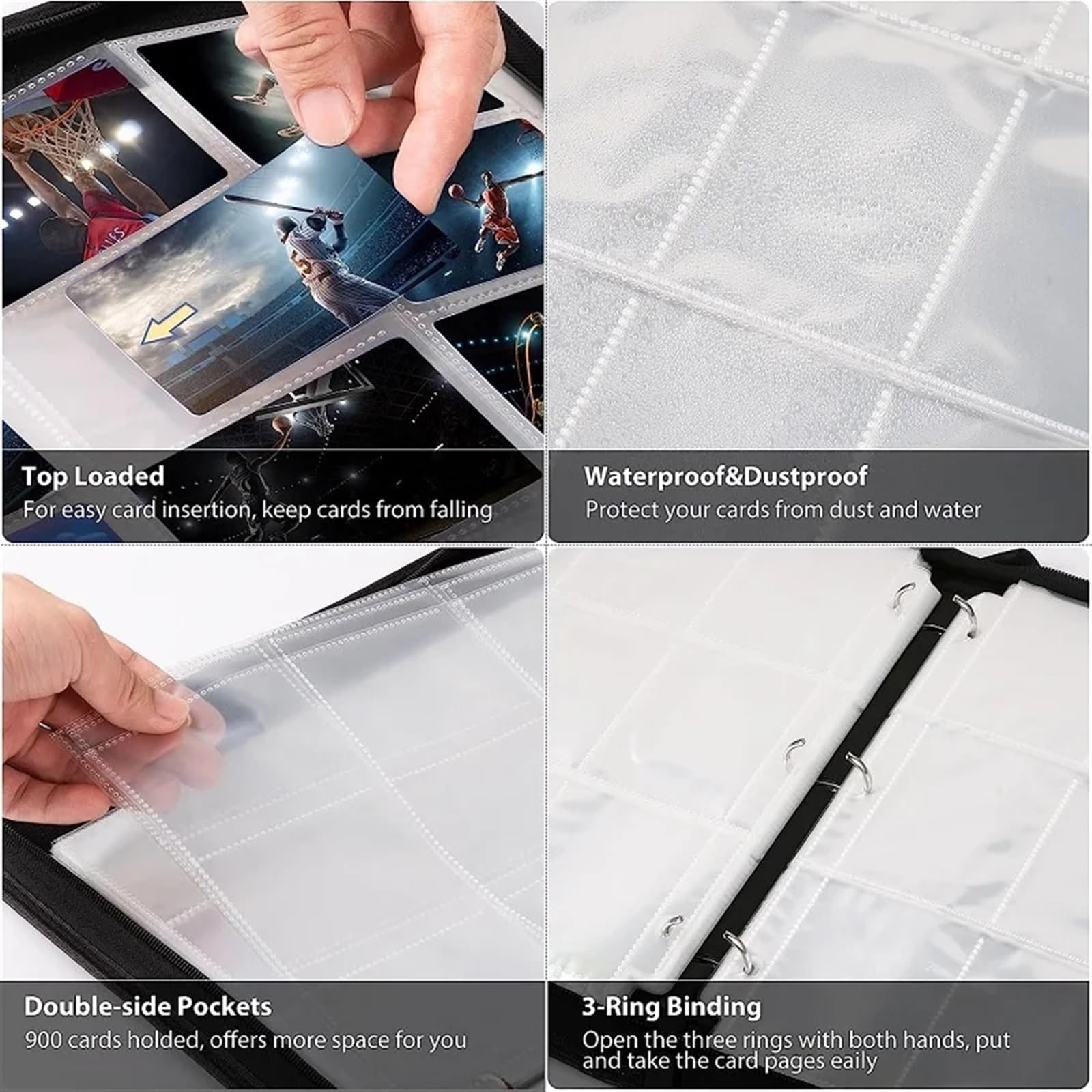 Carpeta de Tarjetas coleccionables con 900 Bolsillos, Estuche portátil (Negro, 33,5 x 27 cm)