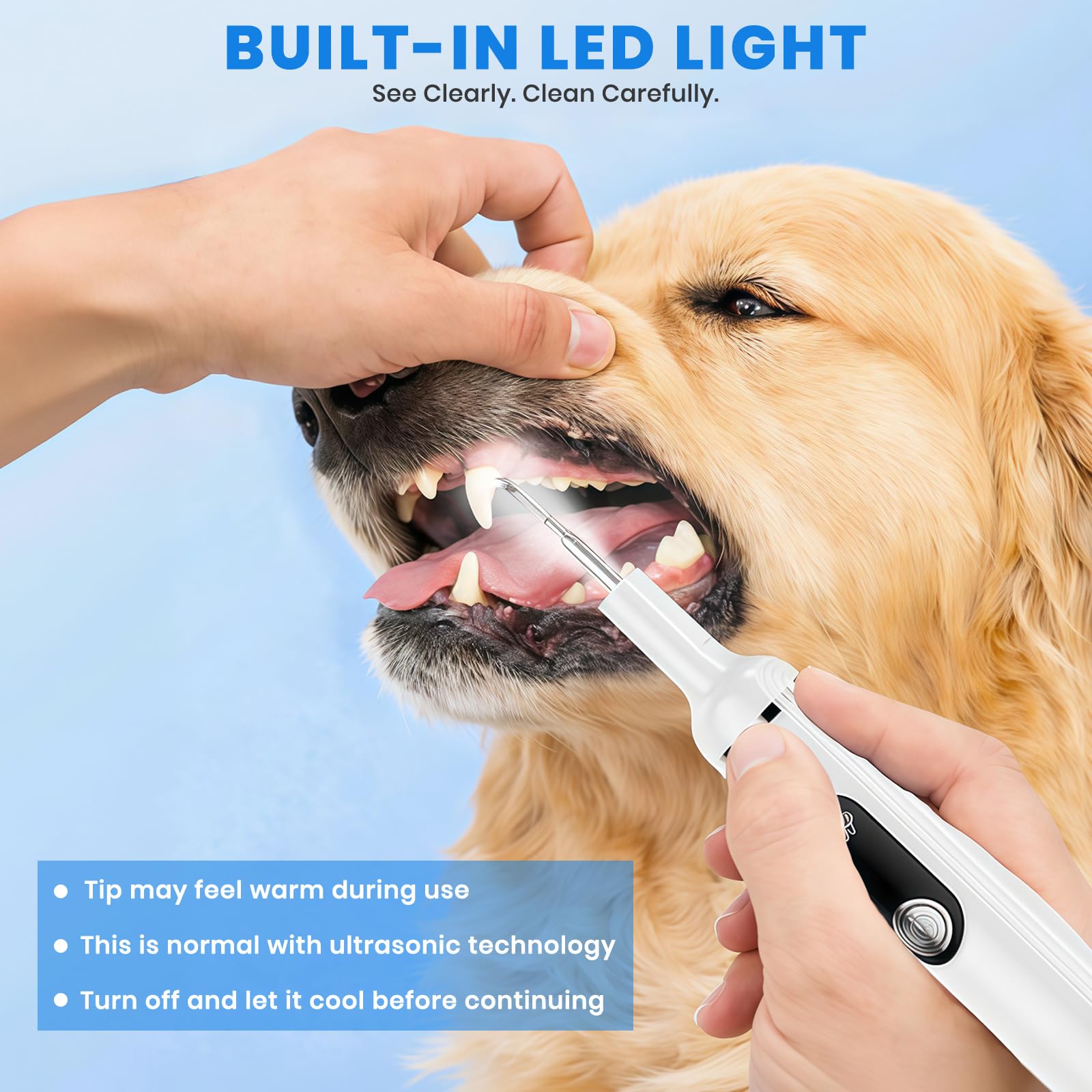 Dents pour chien, nettoyeur de dents à ultrasons avec lumière LED, kit de nettoyage pour tartre et taches, 5 modes réglables, kit de nettoyage des dents d'animaux domestiques, convient pour chiens et