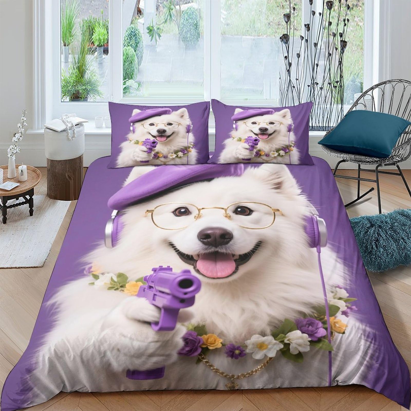 Ctjqhvkz Style-4 3D Printed Cute Samoyed Dog Fitted Sheet Microfiber Purple Flower Glasses Bed Cover For Bedroom Guest Room Decor Single（135X200cm）