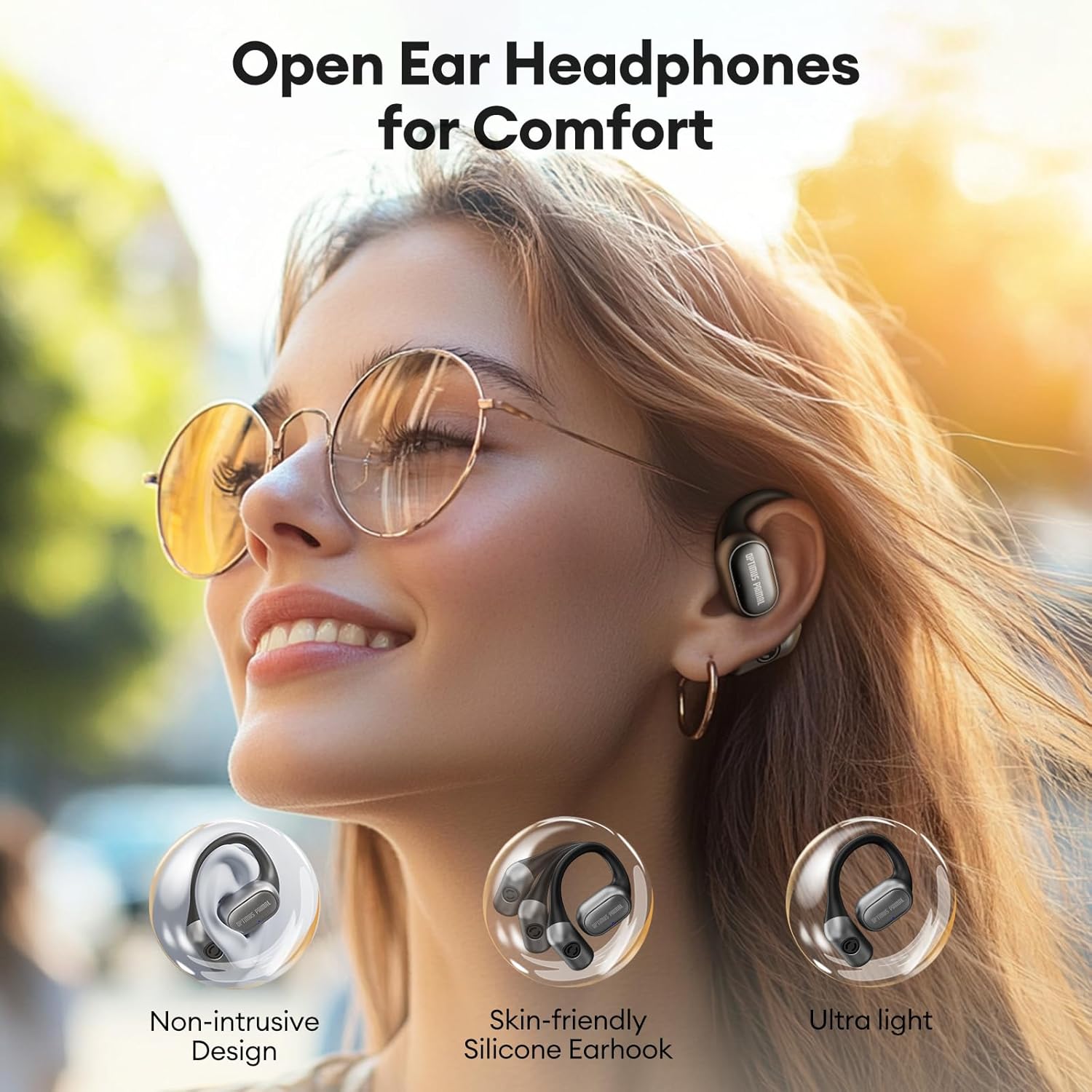 Woman wearing TRANSFORMERS TF-T13 Open Ear Earbuds, demonstrating the comfortable and non-intrusive fit.