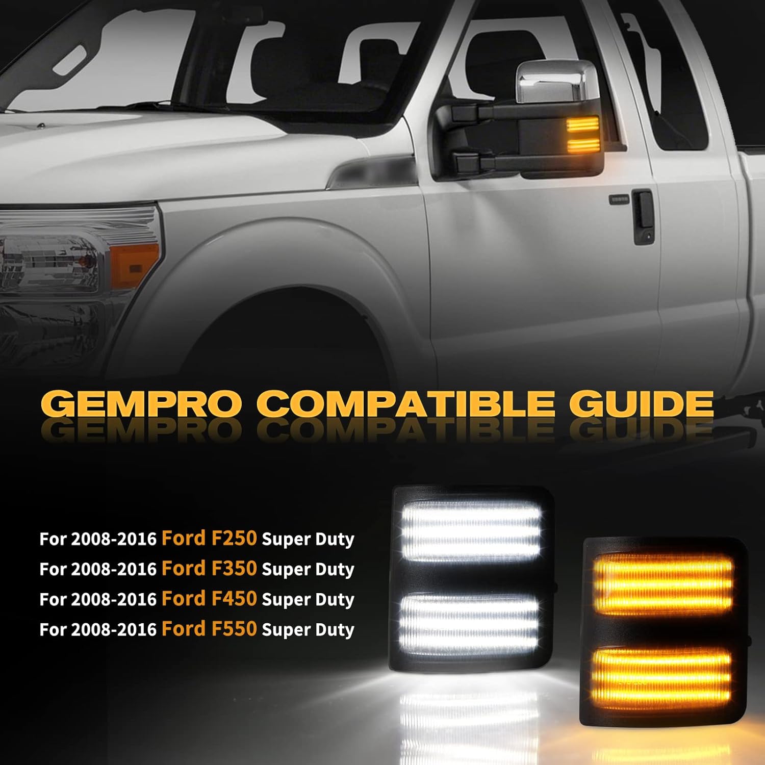 Exclusive GemPro Sequential LED Side Mirror Marker Switchback Turn Signal Lights Replacement for 2008-2016 Ford F250 F350 F450 F550 Super Duty Mirror Marker Lamps, 2 Packs Free Shipping Over $50 GemPro Sequential LED Side Mirror Marker Switchback Turn Signal Lights Replacement for 2008-2016 Ford F250 F350 F450 F550 Super Duty Mirror Marker Lamps, 2 Packs