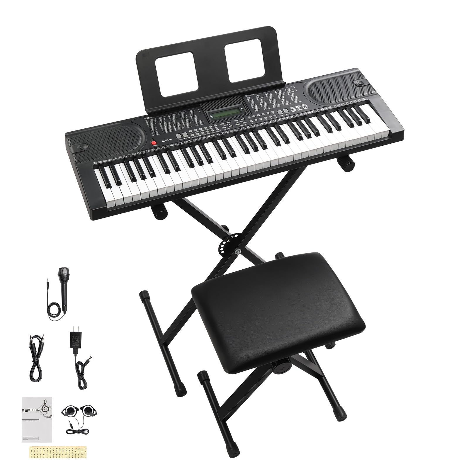 LEADZM Clavier Piano 61 Touches, Piano Numérique avec Touches Éclairées, LCD Écran, MIDI, Support X de Clavier Électrique, Banc de Piano, Pupitre, Casque, Microphone (Noir1)