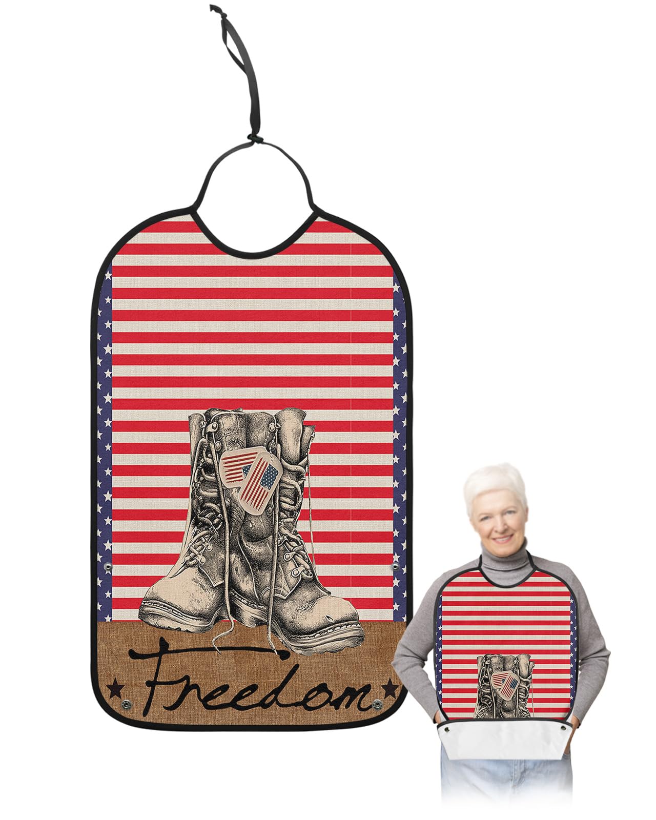 Patriotic Memorial Boots Adult Bib for Eating with Crumb Catcher,Washable & Waterproof Terry Cloth Adjustable Elderly Women Men Adult Bibs Funny Apron Clothing Protector Independence Stripes Stars Day