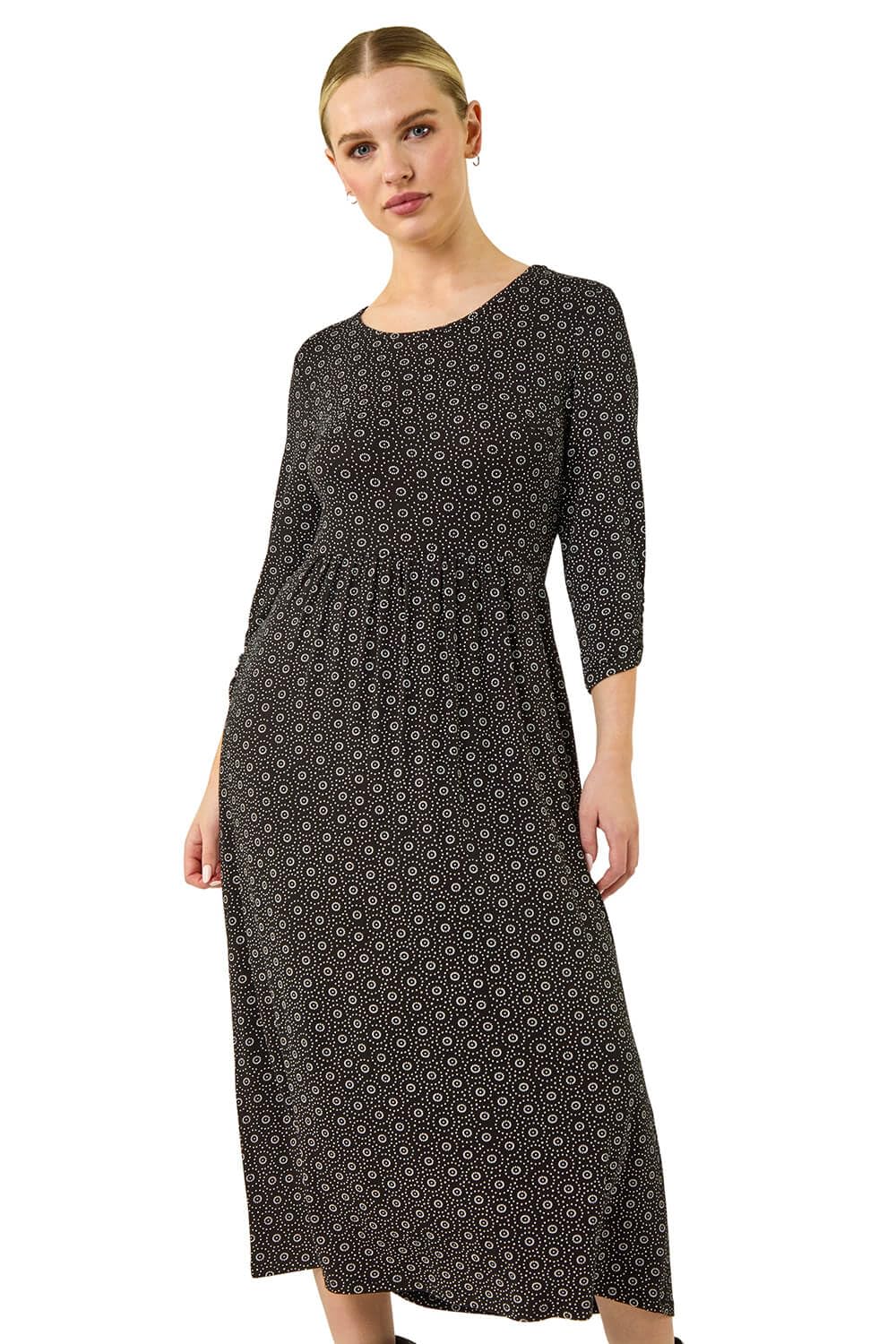 Roman Originals Midi Dress with Pockets for Women UK Ladies Stretchy Jersey Maxi Long 3/4 Length Sleeve Gathered High Waist Boho Flattering Skater Swing Fit Flare - Black & White - Size 12