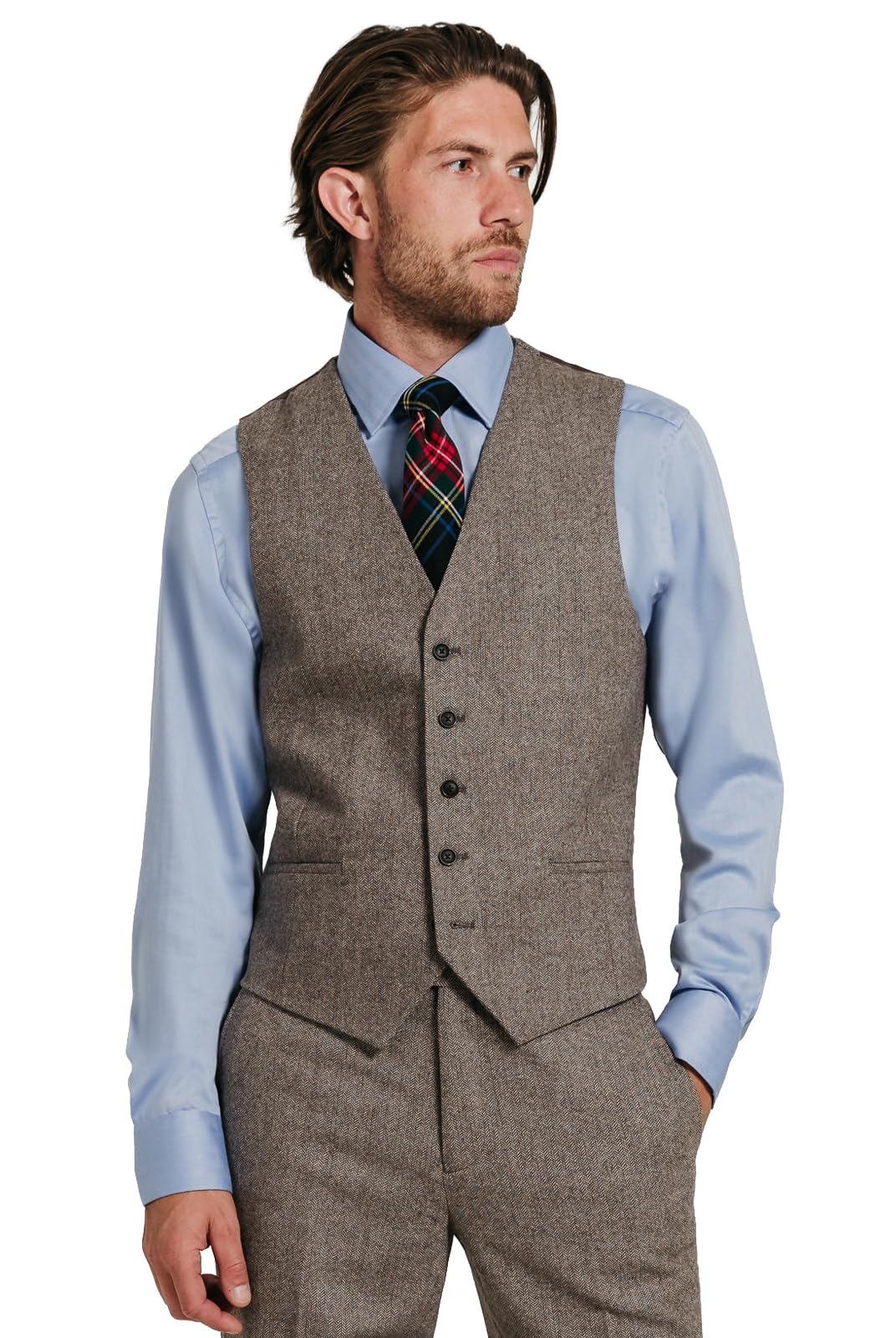 Dobell Men's Brown Herringbone Tweed Waistcoat Regular Fit Wool Blend-4Xl (58-60In)