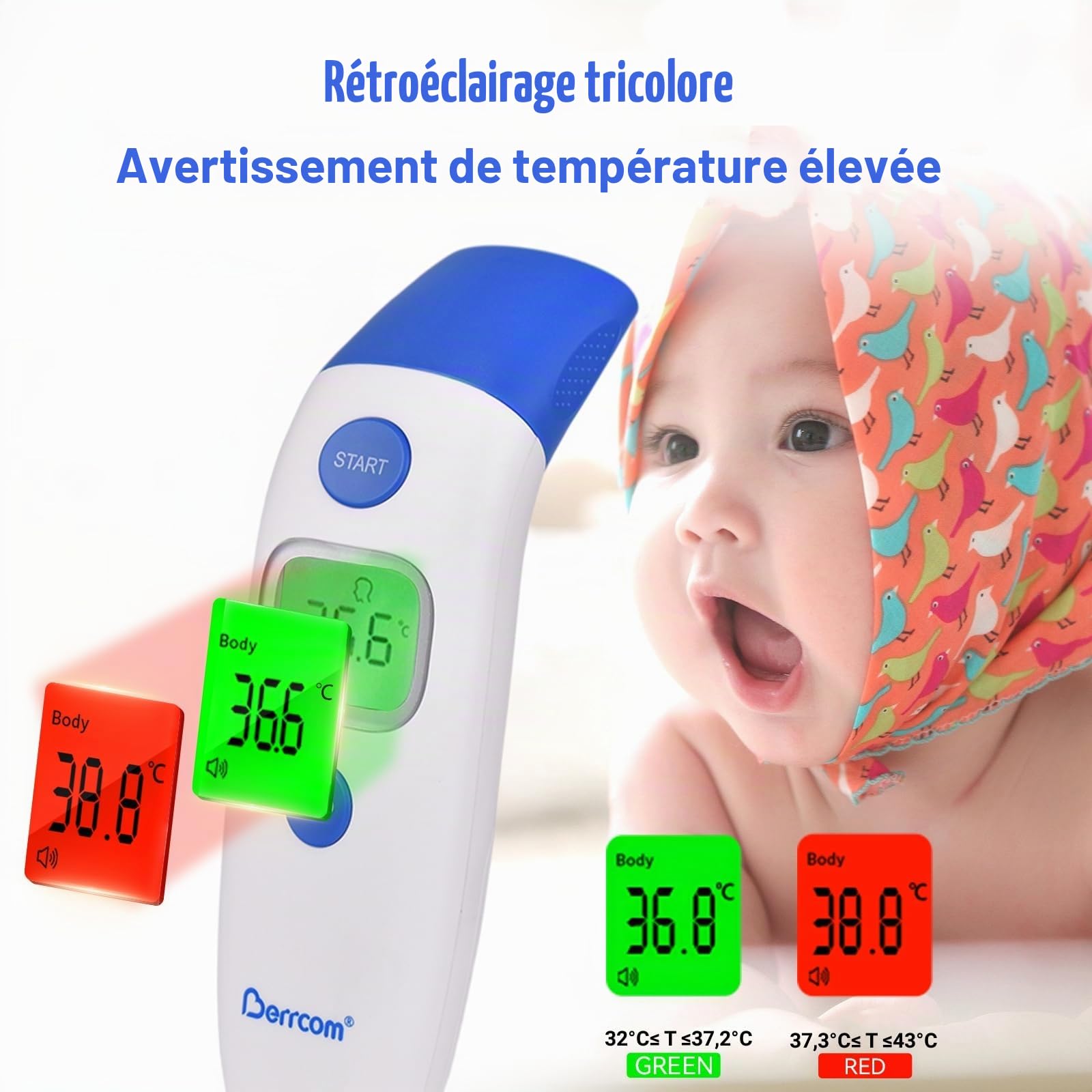 Thermomètre Frontal et Auriculaire, Berrcom Thermomètre Médical pour Enfants et Adultes, Thermomètre Numérique Infrarouge sans Contact avec Alerte Fièvre, Mesures Rapides et Précises