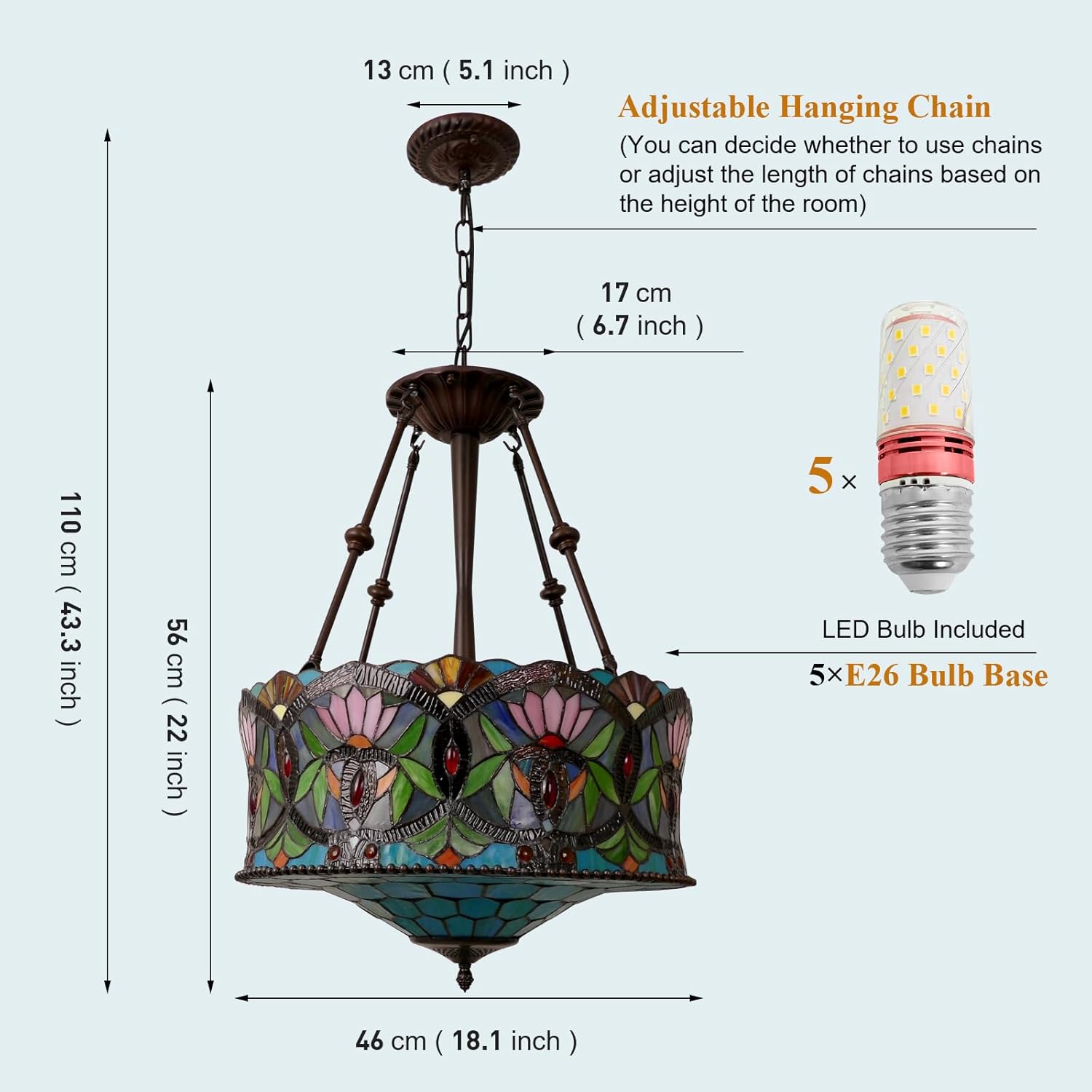 Tiffany Style Ceiling Pendant Light 18 Inch Wide Stained Glass Ceiling Light Fixture Stained Glass Chandelier Victorian Style 5-Lights Tiffany Chandelier