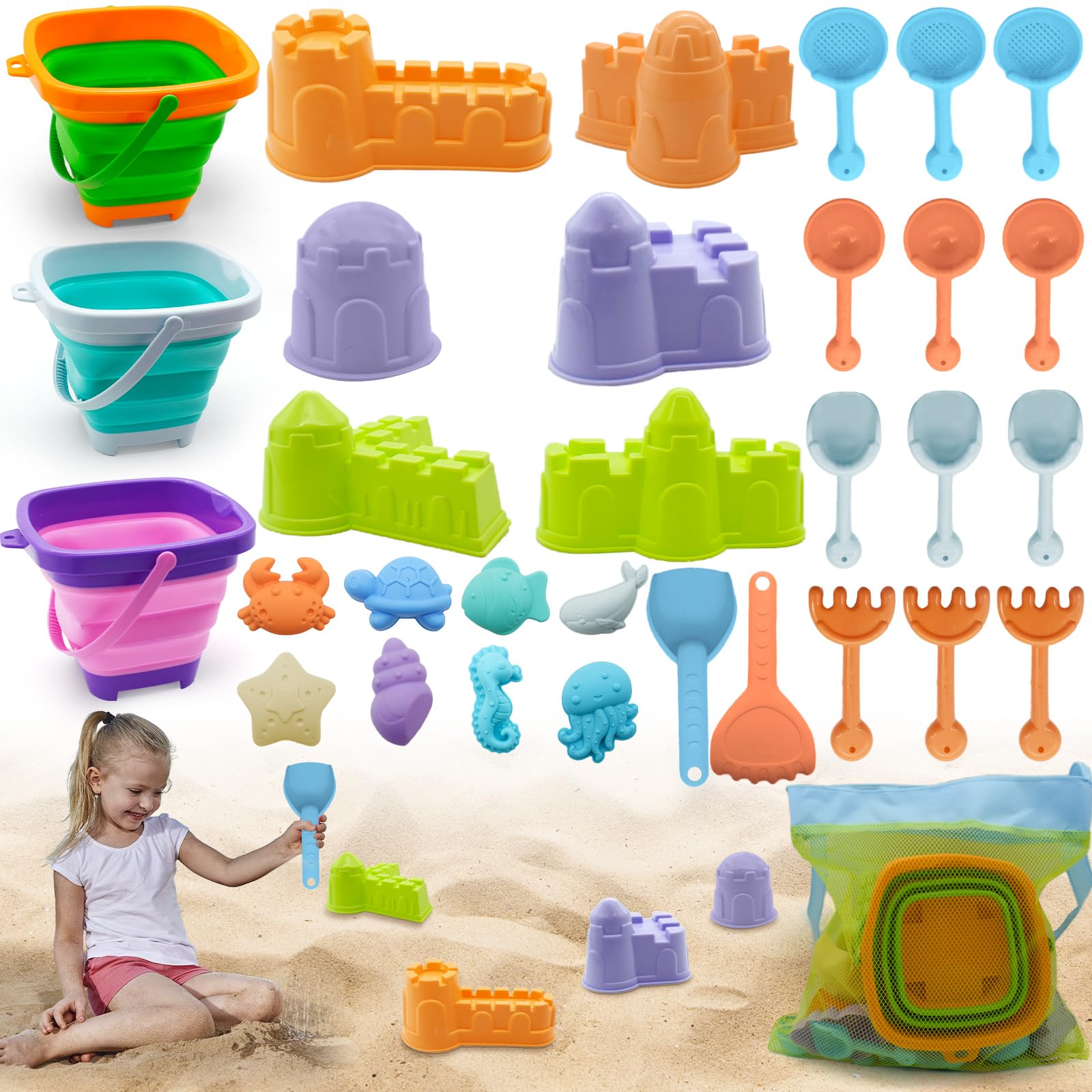 Snarflun Juguetes Playa 32 Piezas Juegos Playa Niños con Cubo Playa Plegable, Juegos Playa Bebe Set de Playa con Bolsa de Malla, Palas Playa, Rastrillo Moldes de Arena para Niñas Niños