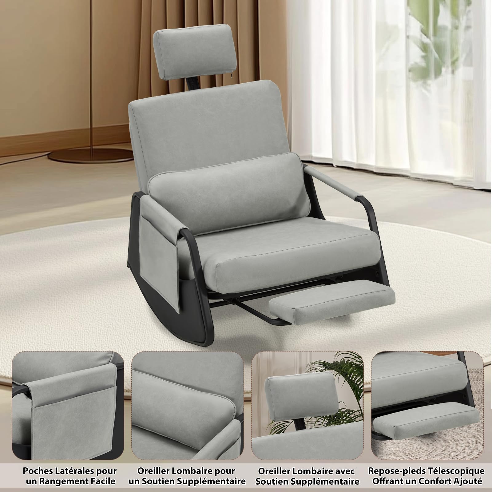 YODOLLA Fauteuil à Bascule, Rocking Chair avec Repose-Pieds Extensible, Dossier & Appui-Tête Réglables, Poche Latérale(Cuir, Gris)
