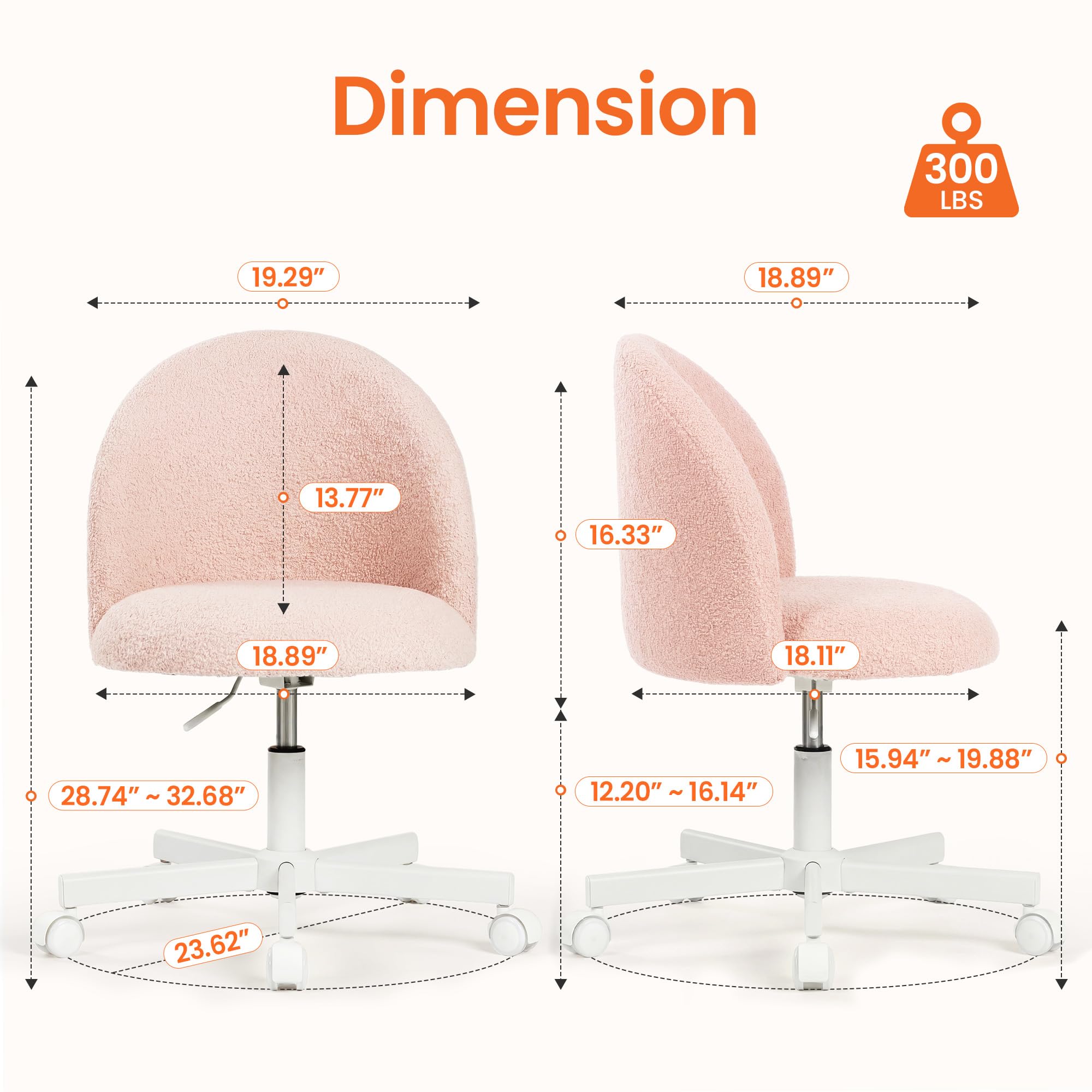 NEO CHAIR Office Vanity Chair with Wheels Comfy Desk Chair for Girls Cute Computer Small Armless Adjustable Height Swivel for Home Bedroom Task (Pink) - 3