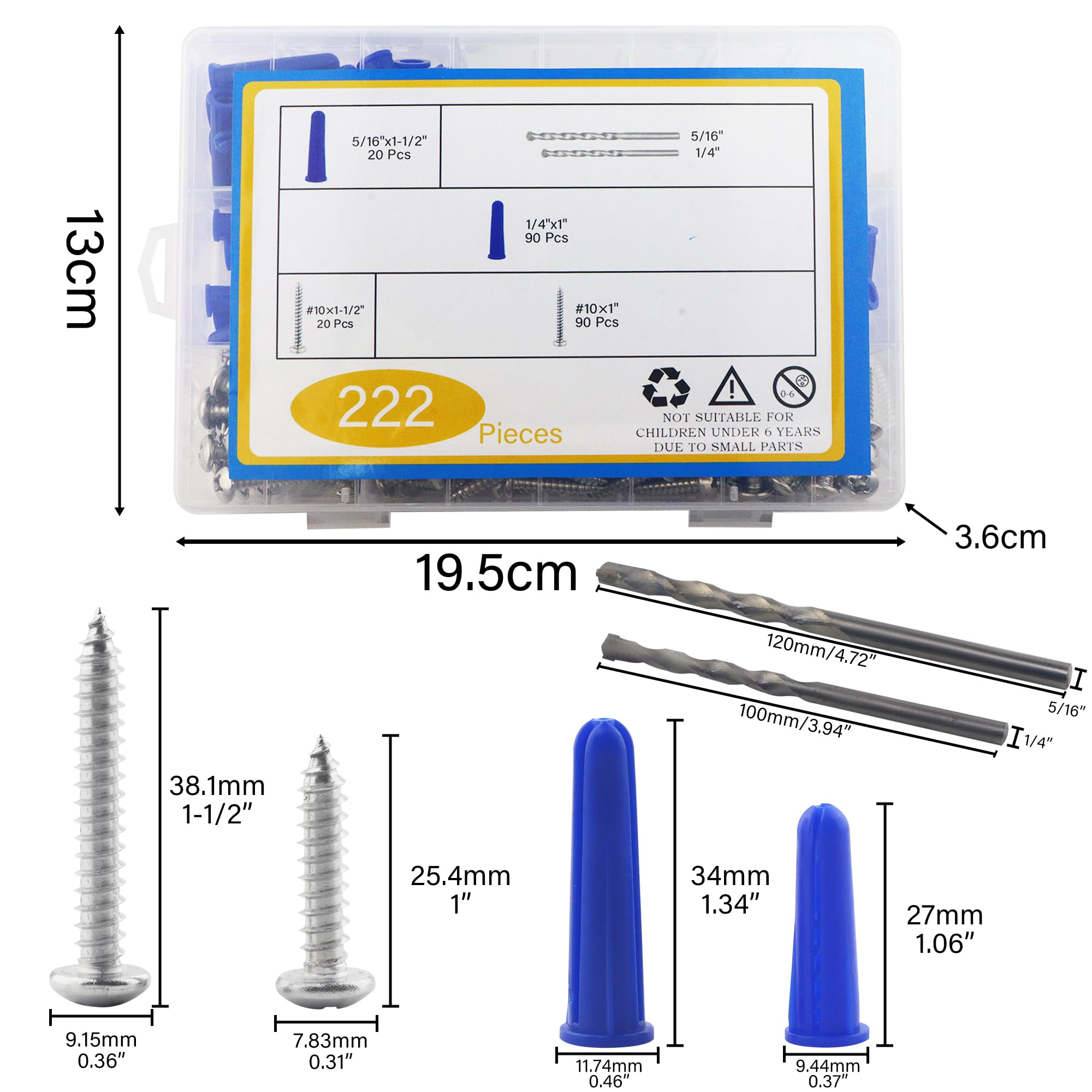 HANLATO 222Pcs Conical Concrete Wall Anchors and Screws Assortment Kit, Wall Anchors for Concrete Drywall, 110 Concrete Wall Anchors and 110 Self Tapping Screws, with 2Pcs Drill Bit