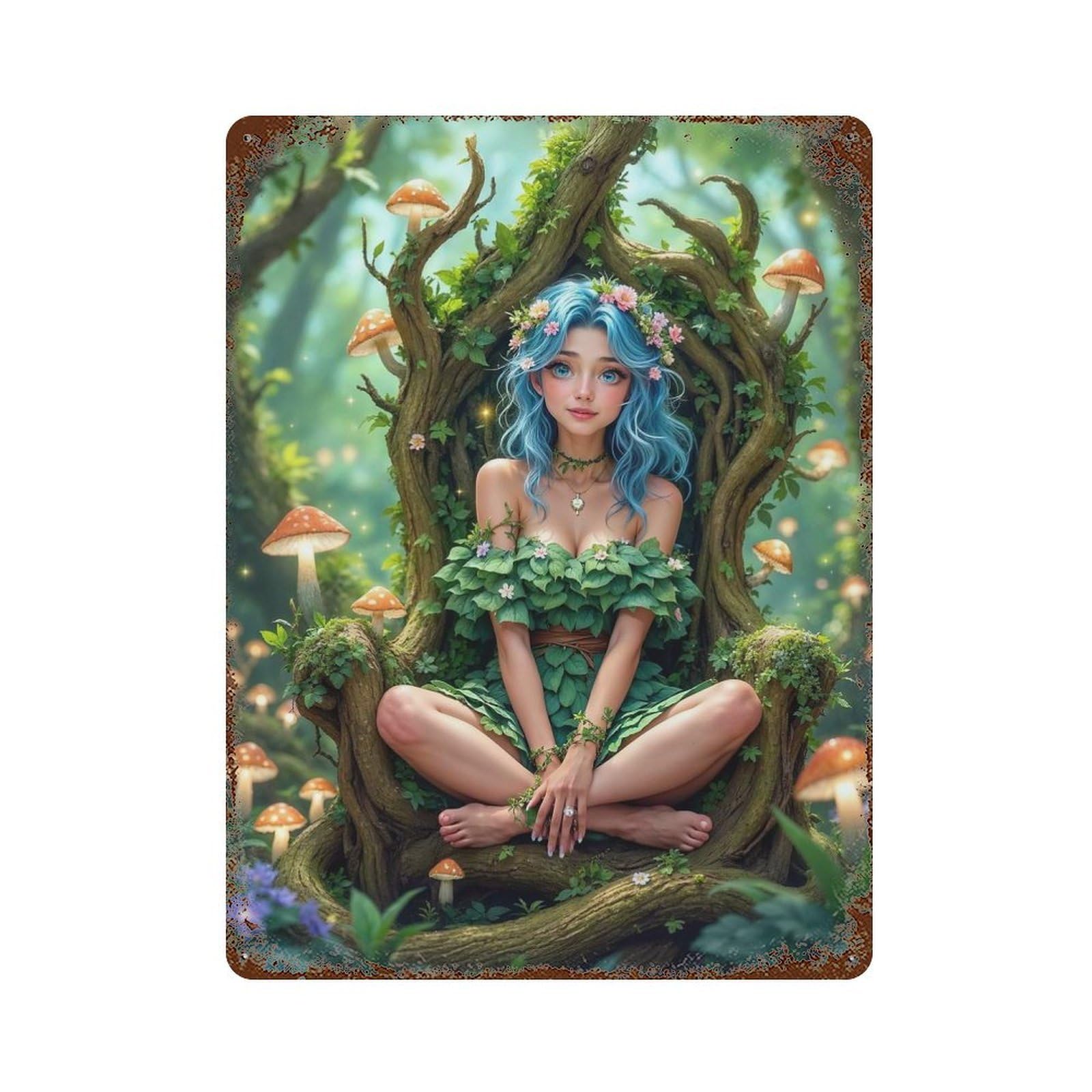 Aged Metal Wall Plaque with Forest Nymph Throne Design 15.7"x11.8", for Basement, Hobby Room And Garage Decor, Farmhouse Wall Decor