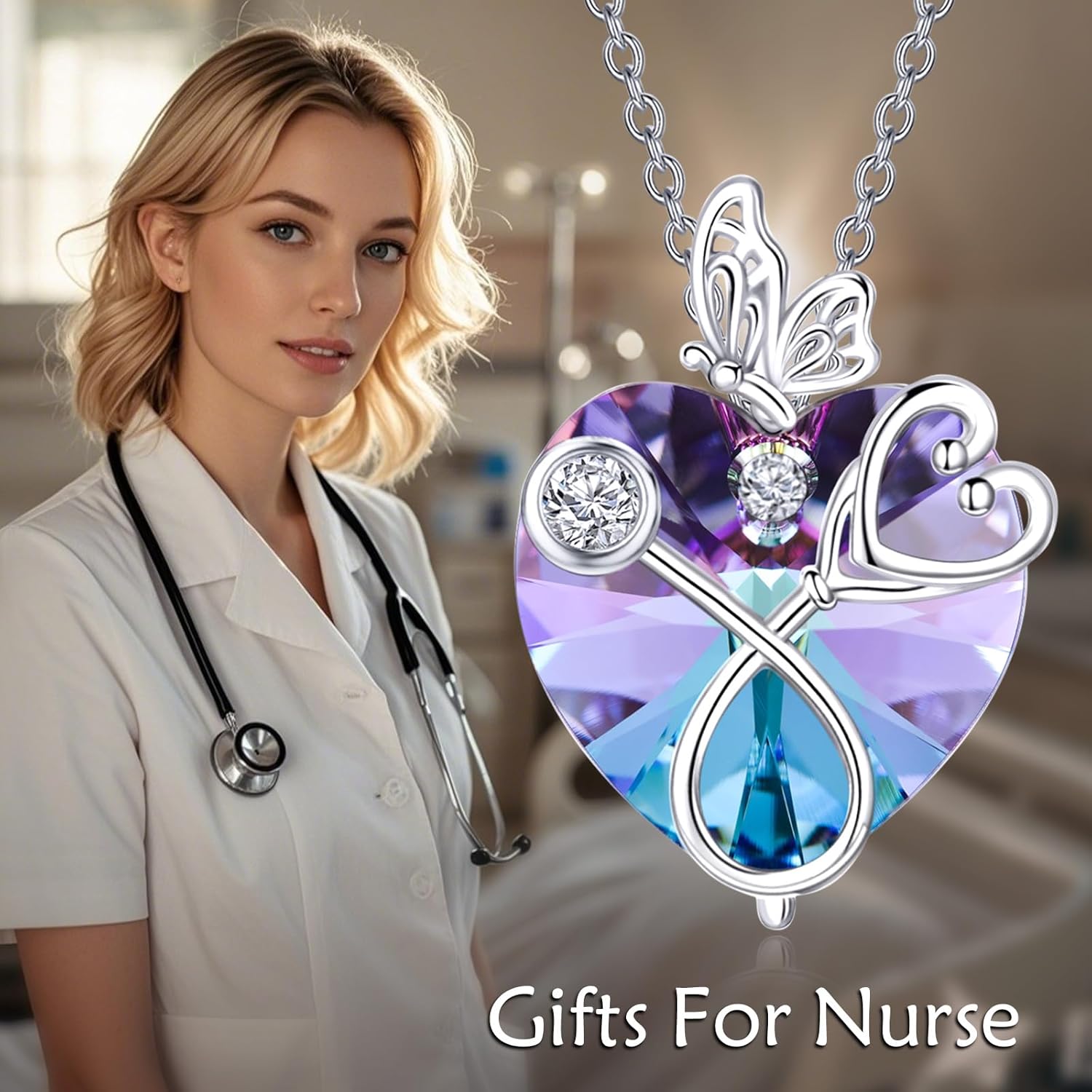POPKIMI Gifts for Nurse Stethoscope Necklace with Butterfly 925 Sterling Silver Heart Crystal Nursing Themed Birthstone Jewelry Birthday Gifts for Women Doctor Medical Student
