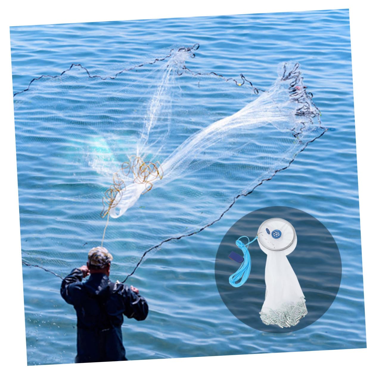 Faltbares Köderwurfnetz 2, 4m aus Nylon, Blaues Maschennetz | 360°-öffnung, Tragbar und Leicht, für Salz und Süßwasser, Passend für Fisch und Krebs