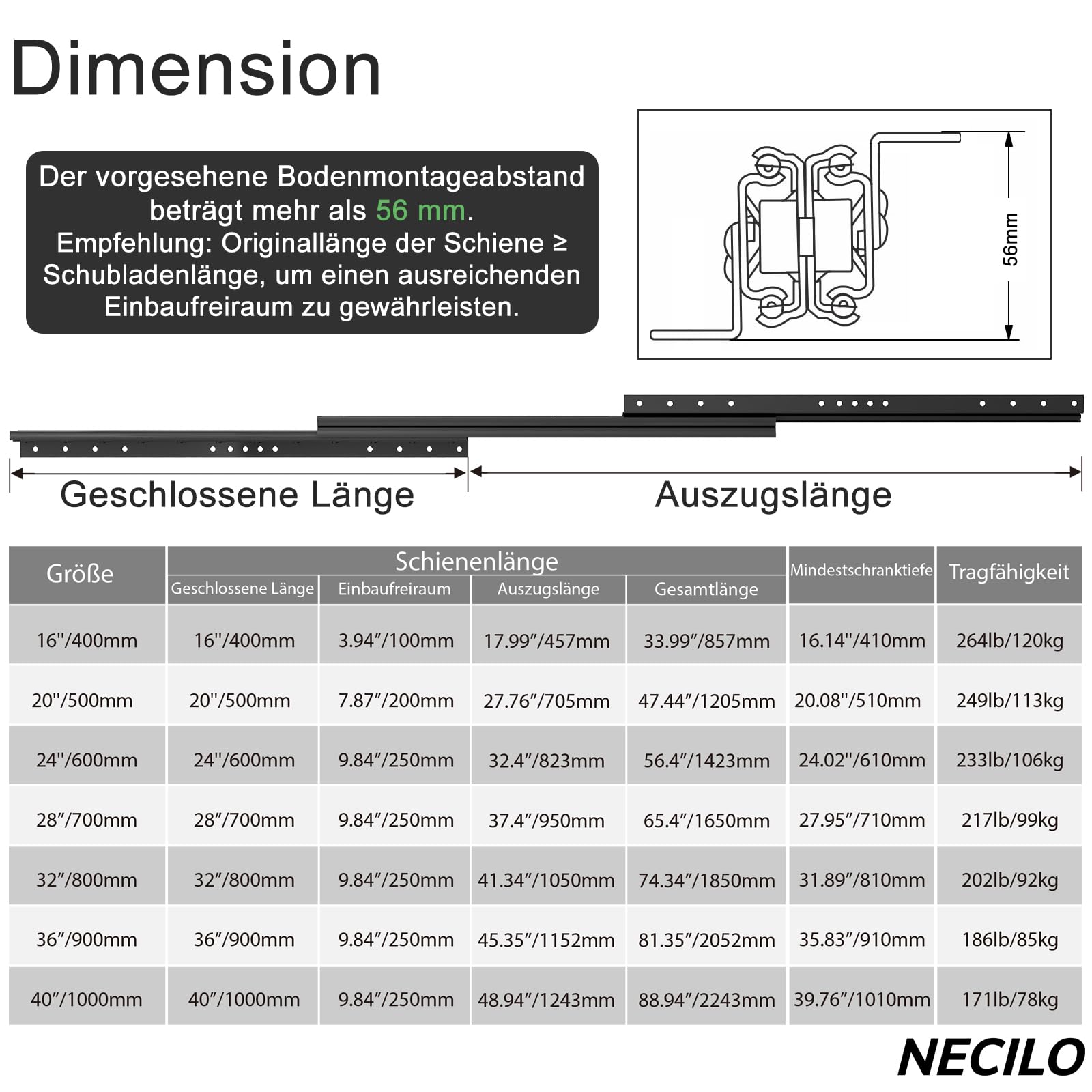 NECILO 600 mm Schwerlastauszug Schubladenschienen mit Bodenhalterung, 3 Falten Vollauszug, Kugellager, Versteckte Gleitschienen für Treppen, Schwarz, 106 KG Tragkraft, 1 Paar
