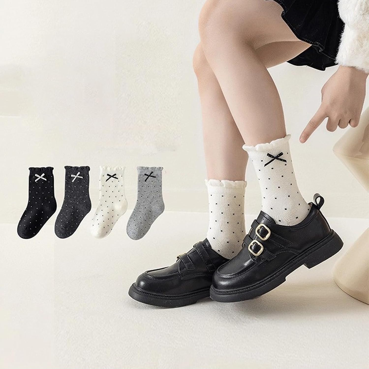 Girls Bow Crew Socks 4 Pairs Ribbed Scallop Cuff Casual Socks
