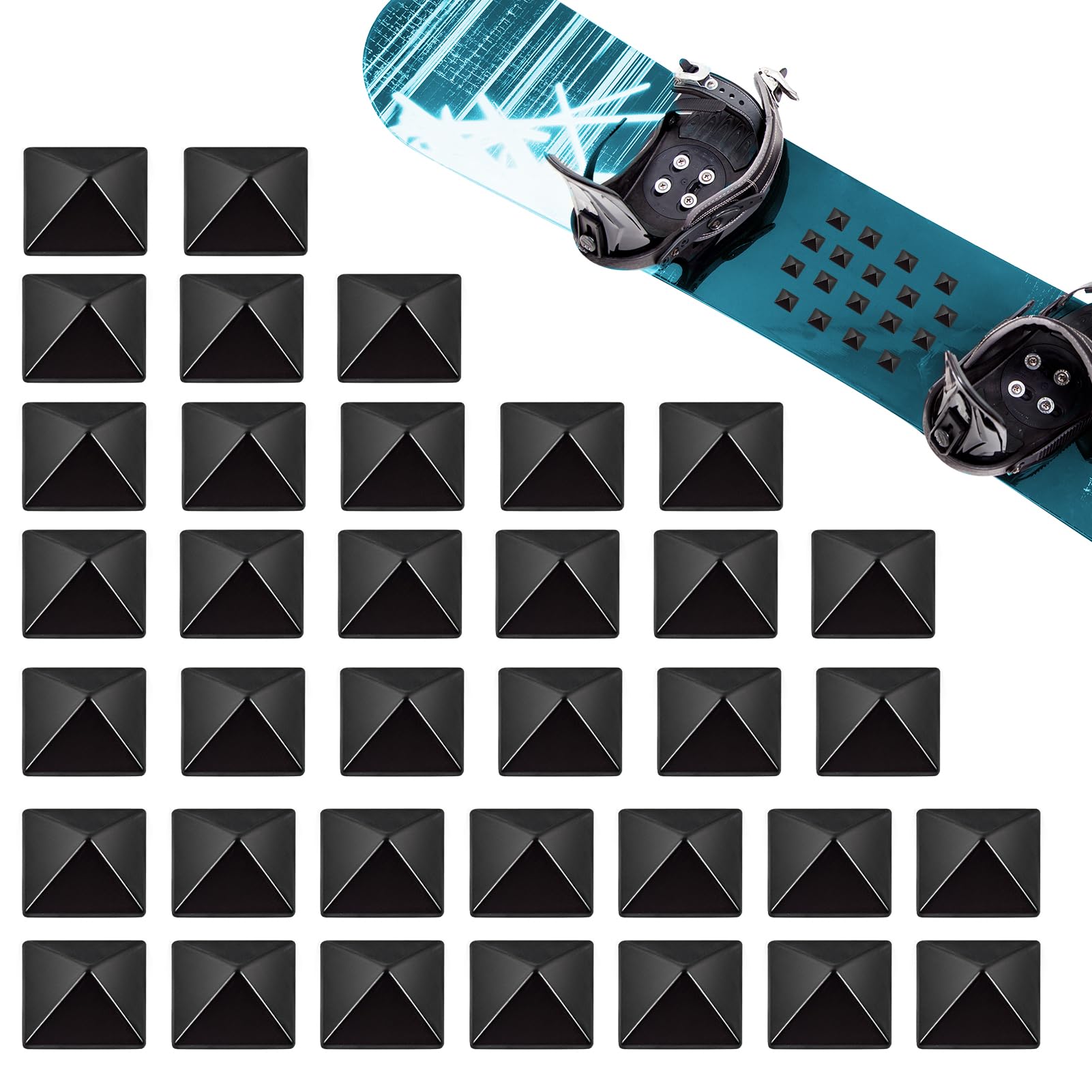36Pcs Snowboard Stomp Pad Pyramid Studs Anti Slip Metal Stomp Pad Snowboard Step Pad Snowboard Foot Grip Self Adhesive Snow Board Mat Provides Extra Grip for Men Women Winter Snowboarding Ski Skiing