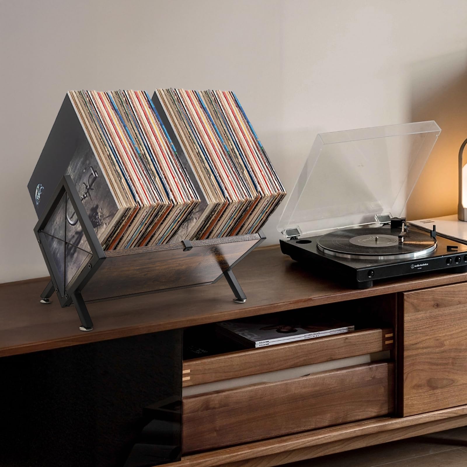 Estante de almacenamiento de discos de vinilo, soporte para discos de vinilo de 80-100 LP, soporte para exhibición, tonos profundos y silenciosos con texturas vintage envejecidas