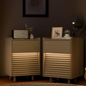 Wooden Night Stand with LED Light Set of 2, 2-Drawer End Table Oak