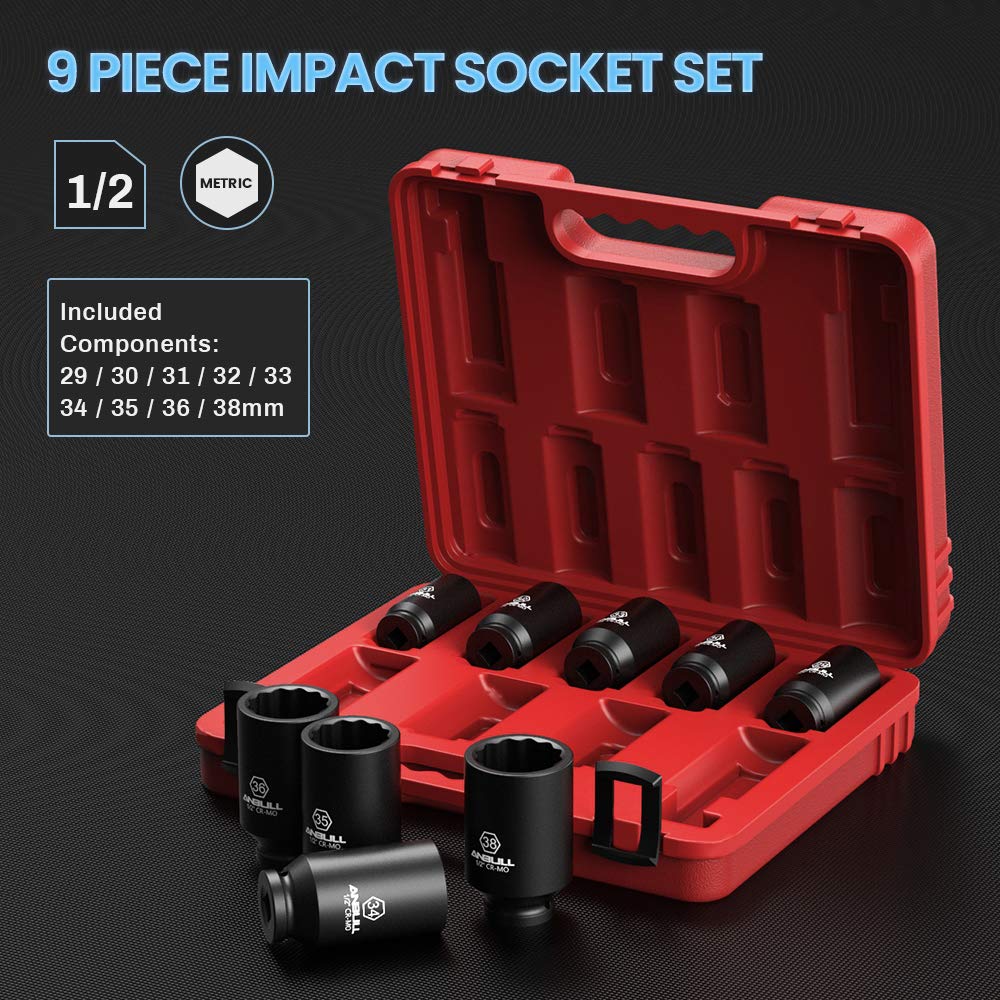 Anbull - Set di 9 chiavi a bussola, in acciaio CR-Mo, design a 12 punti, dimensioni metriche (29, 30, 31, 32, 33, 34, 35, 36, 38 mm)