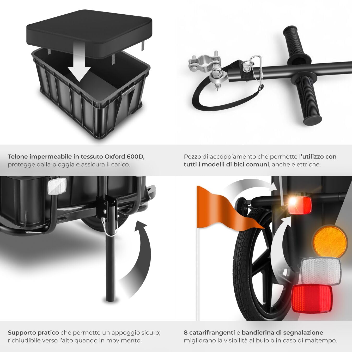 tectake® Rimorchio per Biciclette 2 in 1, Multifunzionale, Carrello a Mano, Cassa Rimovibile con Maniglie, Telo Impermeabile, Pneumatici con Cuscinetti a Sfera, Capacità Fino a 50 kg - Nero