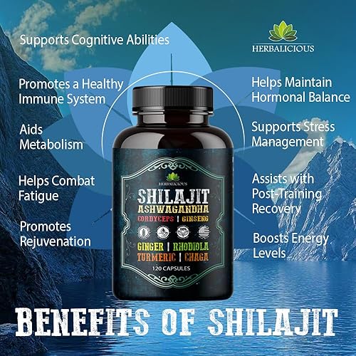 Miniatura 5 de Shilajit para hombres  Suplemento adaptogénico 8 en 1 con Ashwagandha, Cordyceps, Ginseng, Rhodiola, cúrcuma, Chaga y jengibre  Energía natural,