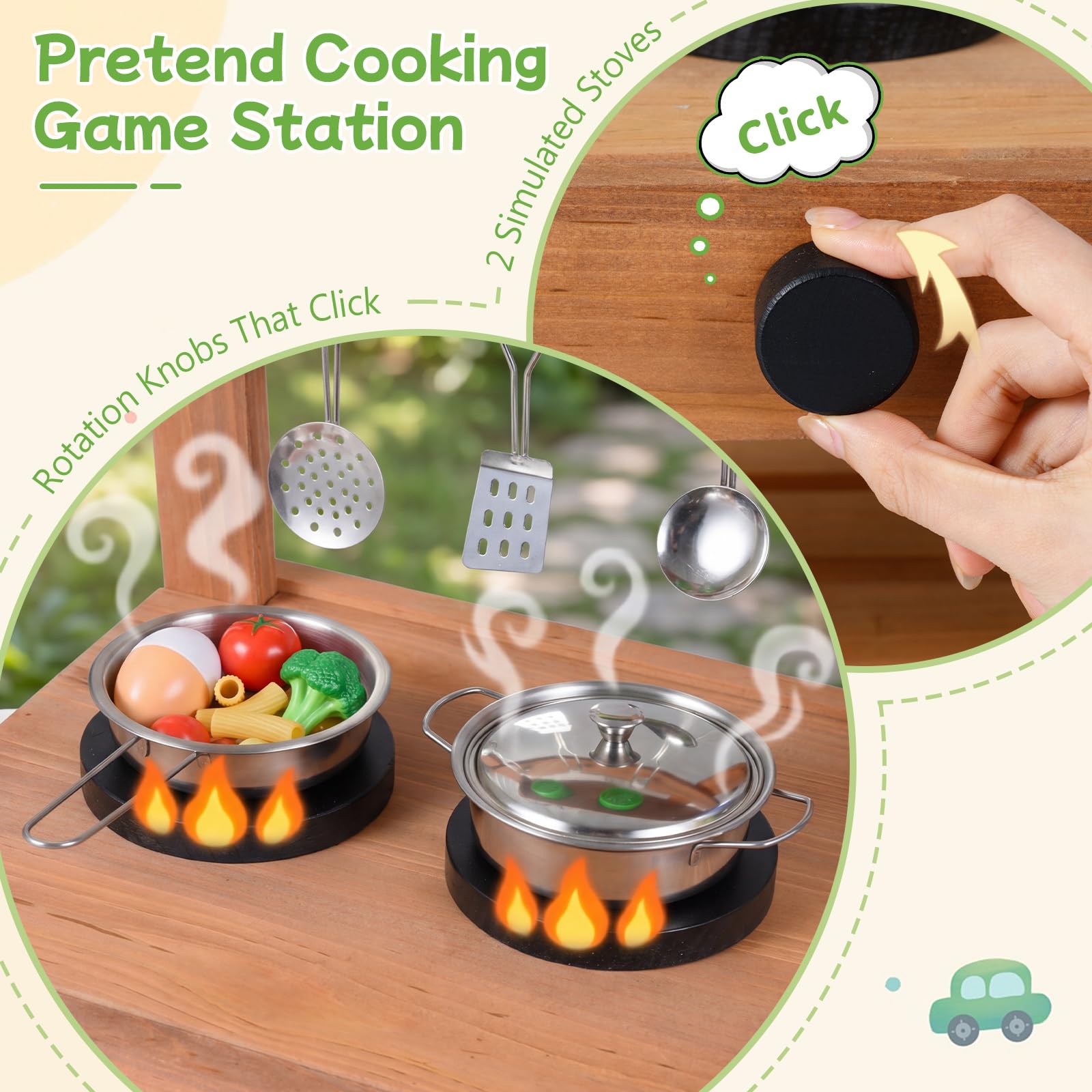 COSTWAY Cucina di Fango da Esterno, in Legno, per Bambini 3+ Anni | Cucina per Bambini con Padella, Serbatoio, Lavello, 2 Vasi di Fiori, 2 Ripiani Aperti, 2 Ruote e Accessori per Cucinare
