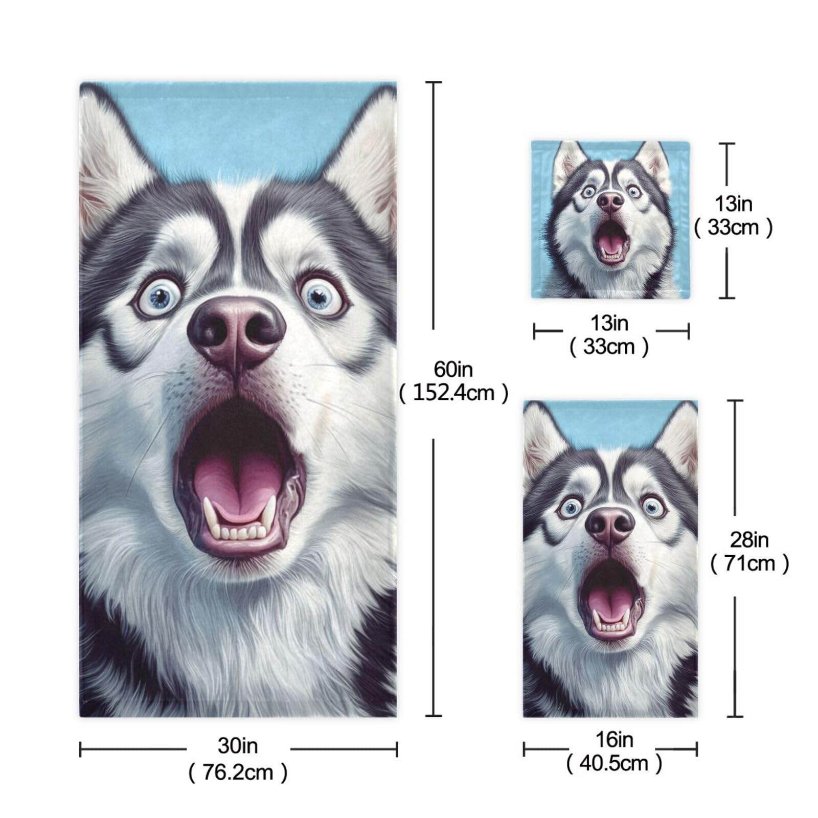 Cartoon Funny Sibirian Husky Dogs Fear Cleaning Face Towels Set, 3-teilig, 1 Badetuch, 1 Handtuch, 1 Waschlappen für Strand, Haare, Gesicht, Fitnessstudio, Schwimmen, Küche