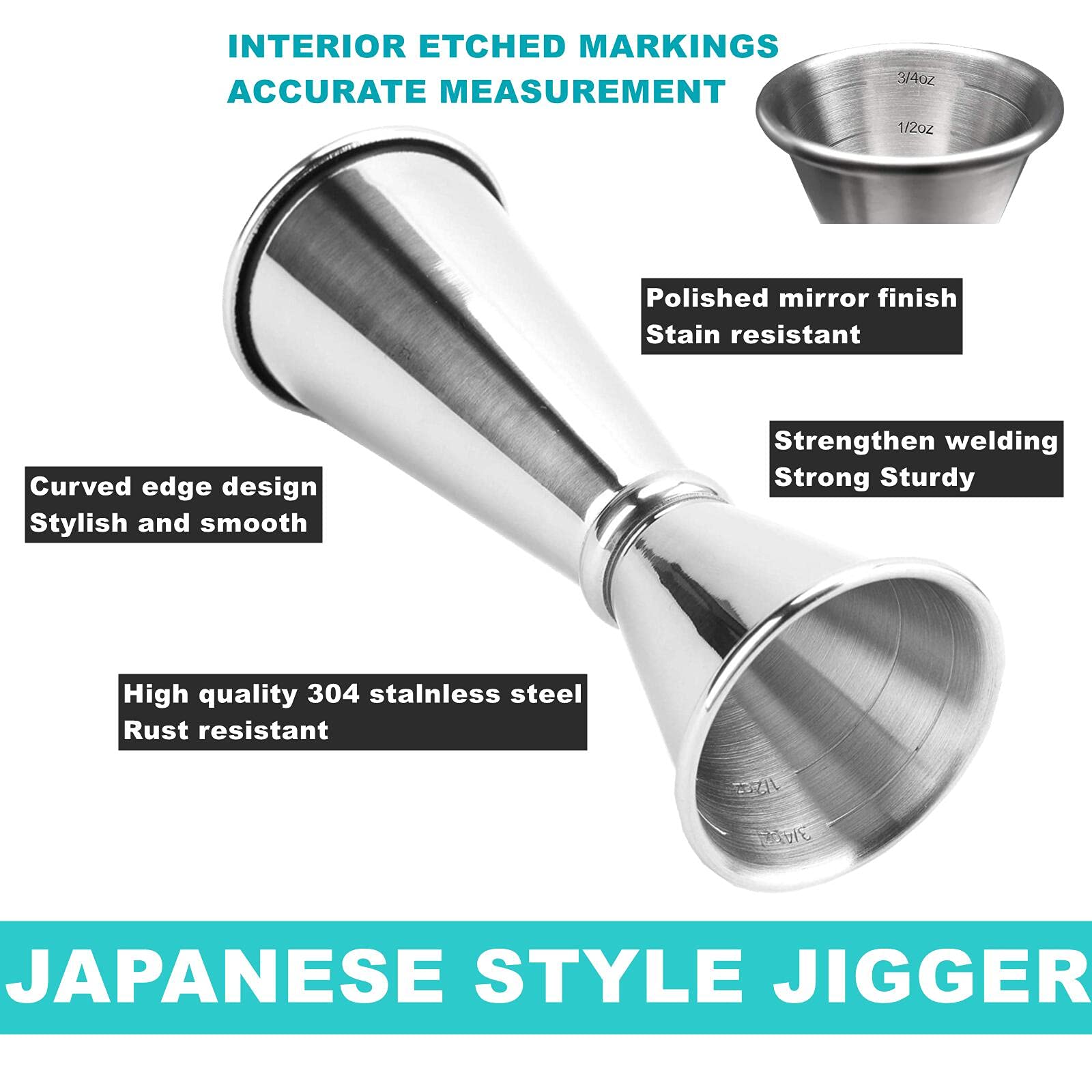 Doppio Jigger e Cocktail Jigger 28,3 g X2oz in acciaio inox con strumenti graduati di misurazione dell'alcool, bellissimi forniture per barre