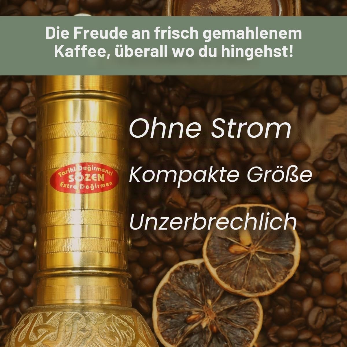 SOZEN 16.3cm Manuelle Kaffeemühle Messing - Handkurbel Burr Mühle für Türkischen Kaffee, Französische Presse, Espresso, Camping & Heimgebrauch - Tragbare Kaffeebohnenmühle, Einstellbare Konische