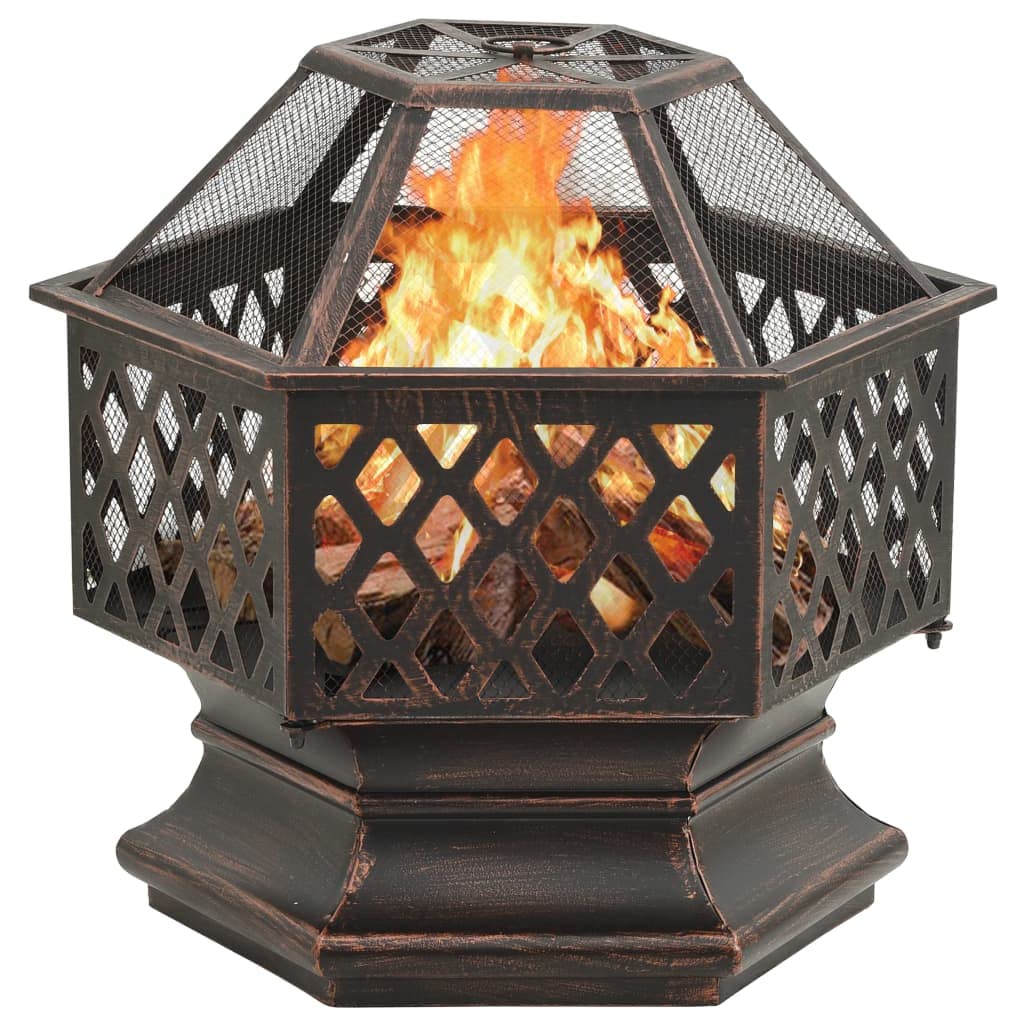 Feuerkorb mit Schürhaken Rustikal 62x54x56 cm XXL Stahl für Garten Terrasse, große Feuerschale mit Netzabdeckung und Ring, sicherer Funkenflugschutz