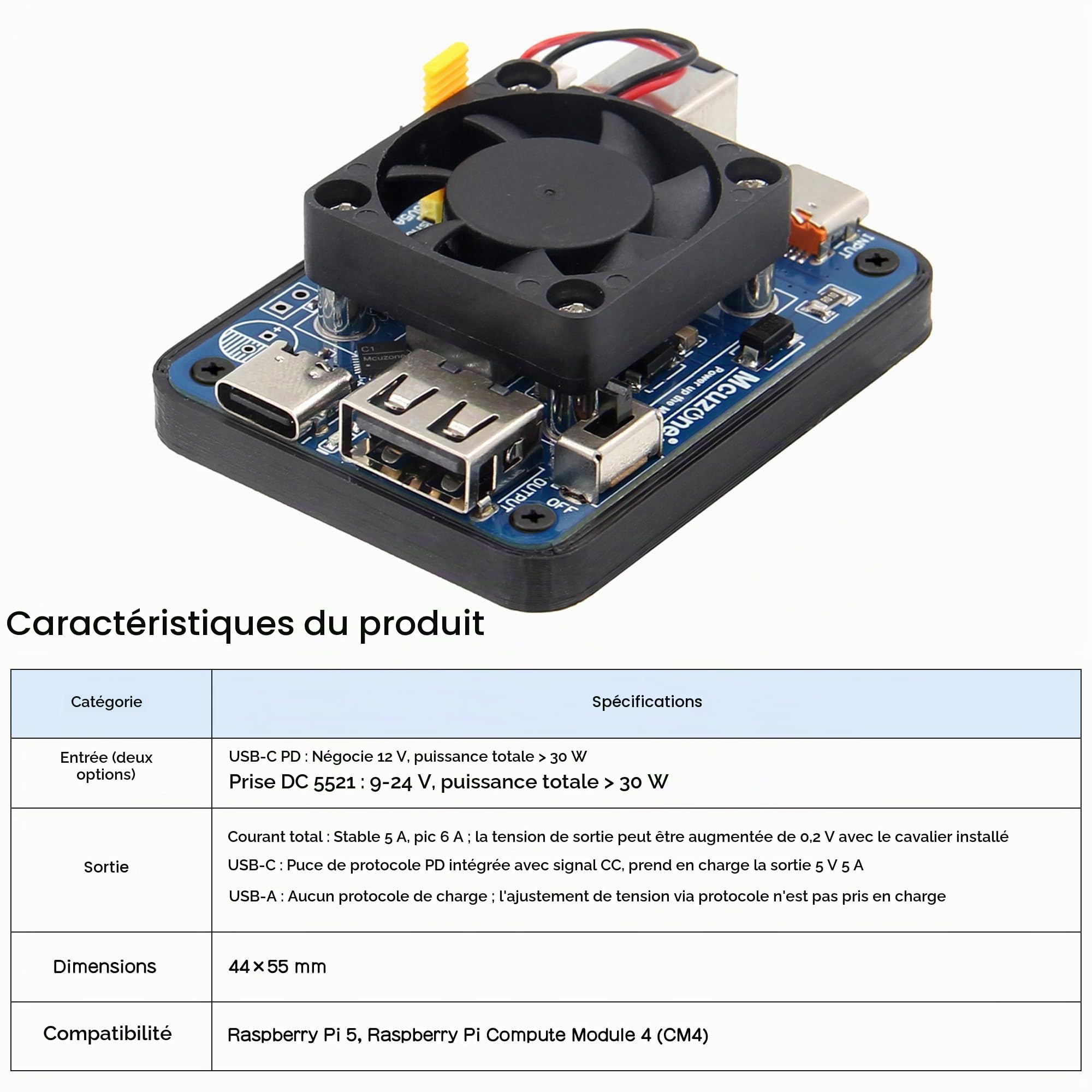 Module d'alimentation Geekworm pour Raspberry Pi 5, Sortie Stable 5V 5A | Double sortie, double entrée large tension 30W, compatible RPi CM4, ventilateur amovible
