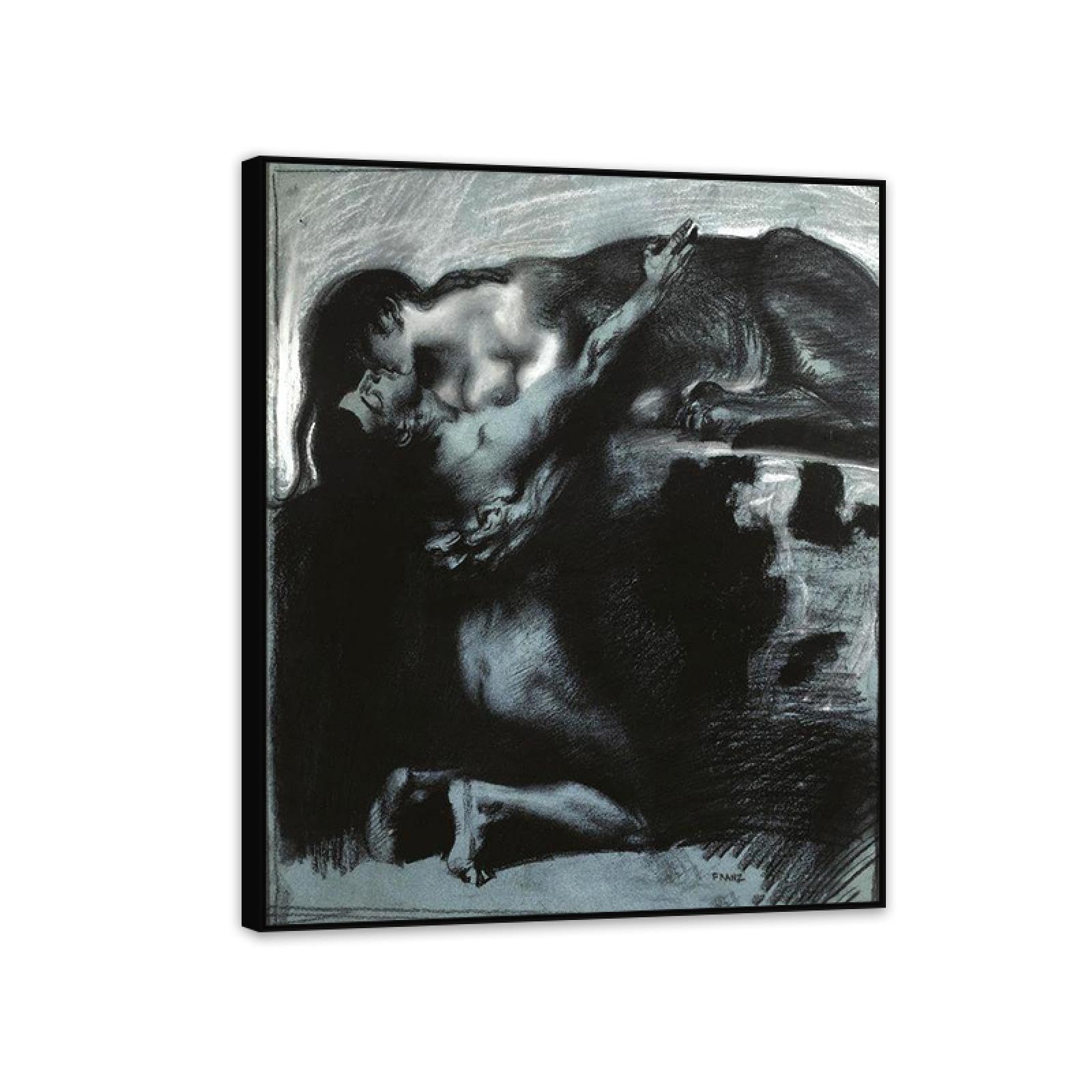 Hau3sh3a Franz von Stuck Wall Art Print Kiss of a Sphinx Poster Famous Paintings on Canvas Franz Stuck Picture Wall Decor for Living Room Bathroom Office 90x70cm(36x28in) Black Framed