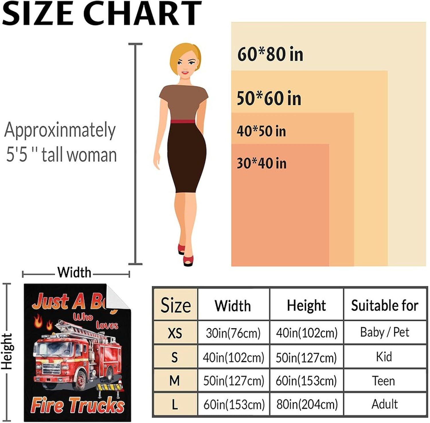 Kids Blanket - 50x40 Inches Small Fire Truck Themed Stuff Blankets for Boys, Fire Truck Lovers - Black Soft Plush Warm Throws for Travel, Couch - Image 3